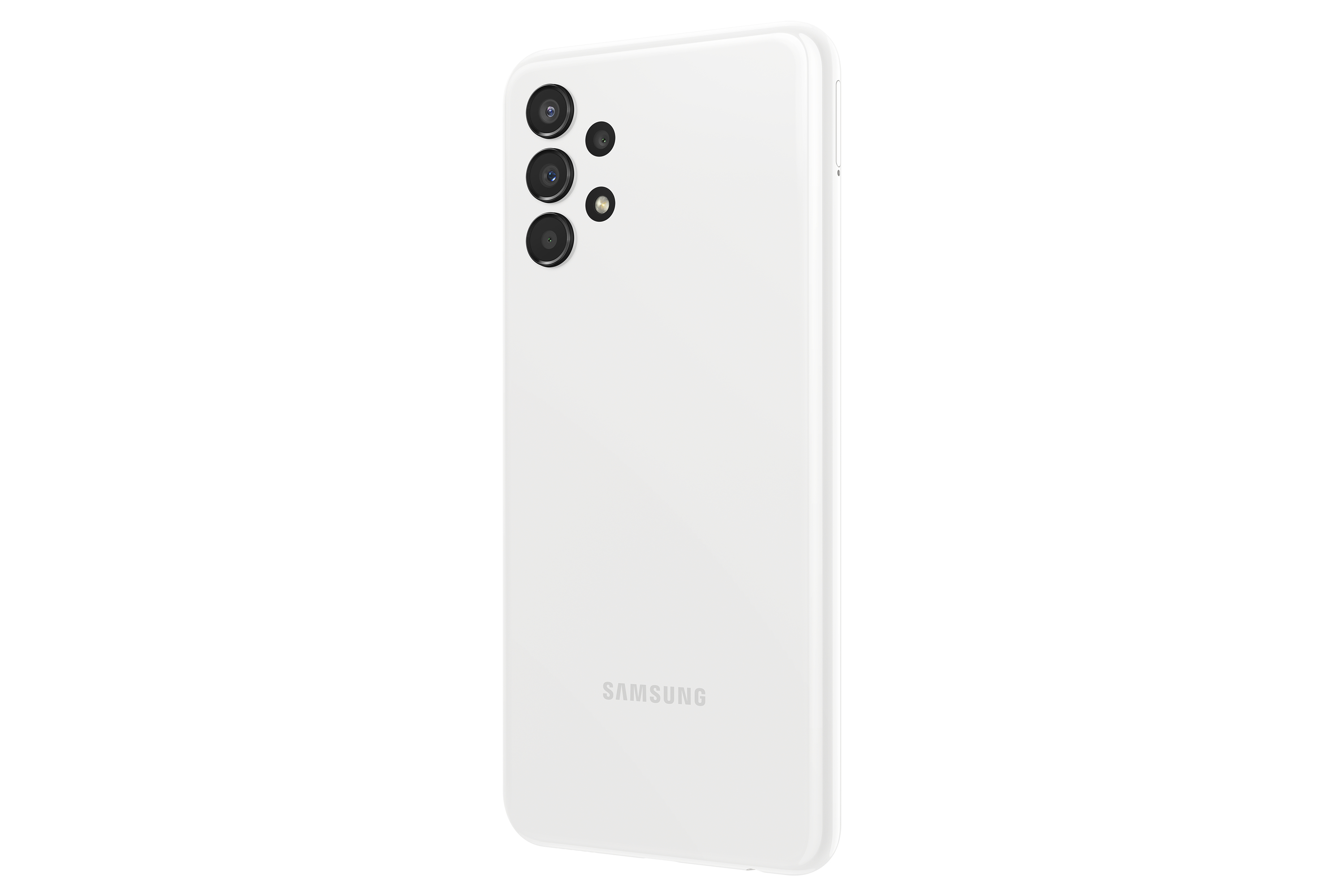 Rückansicht eines weißen Smartphones. Es hat drei Kameras und das Samsung-Logo.