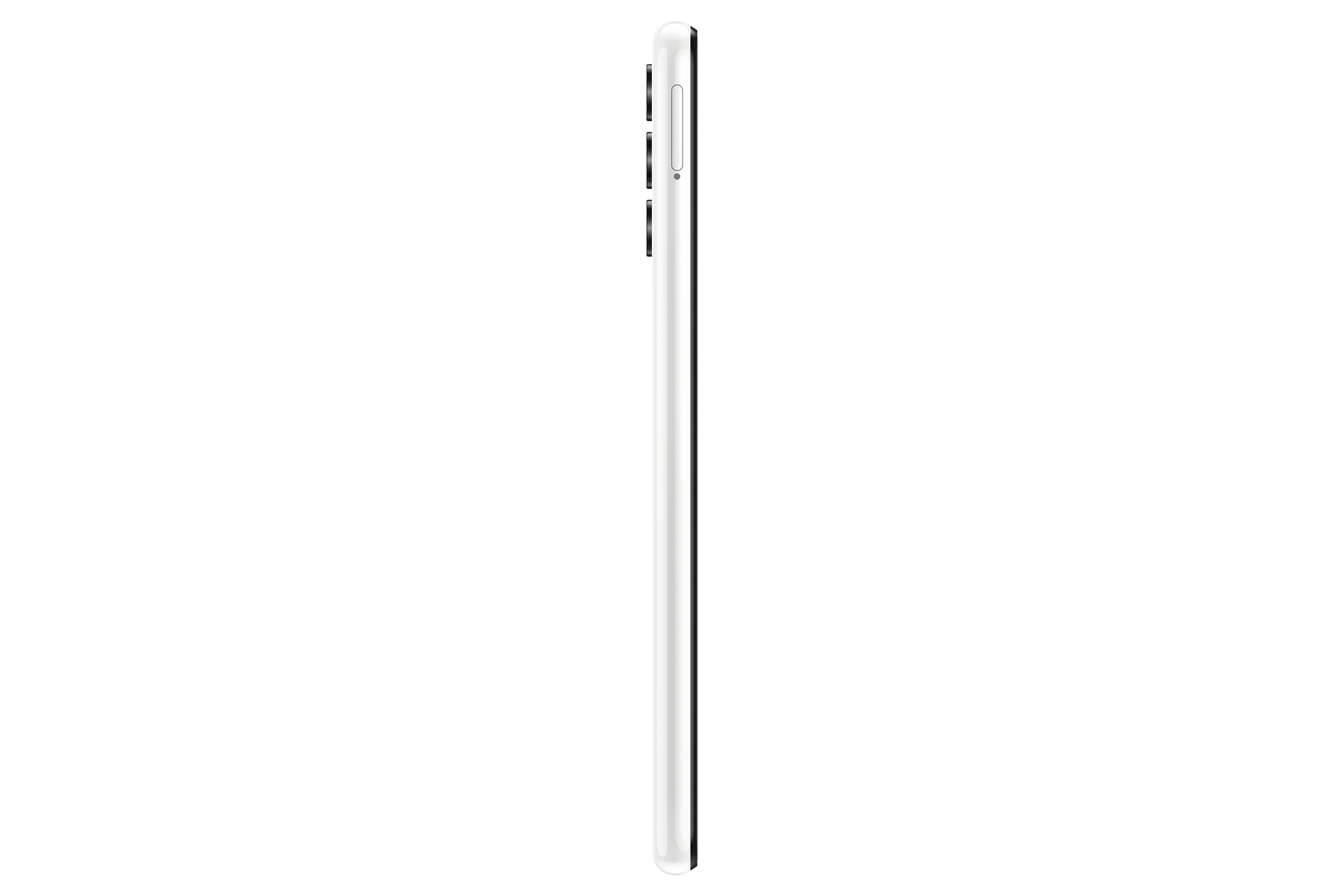 Ein weißes Smartphone von der Seite mit Knöpfen gezeigt. Das Telefon hat ein schlankes Design. Weißer Hintergrund.