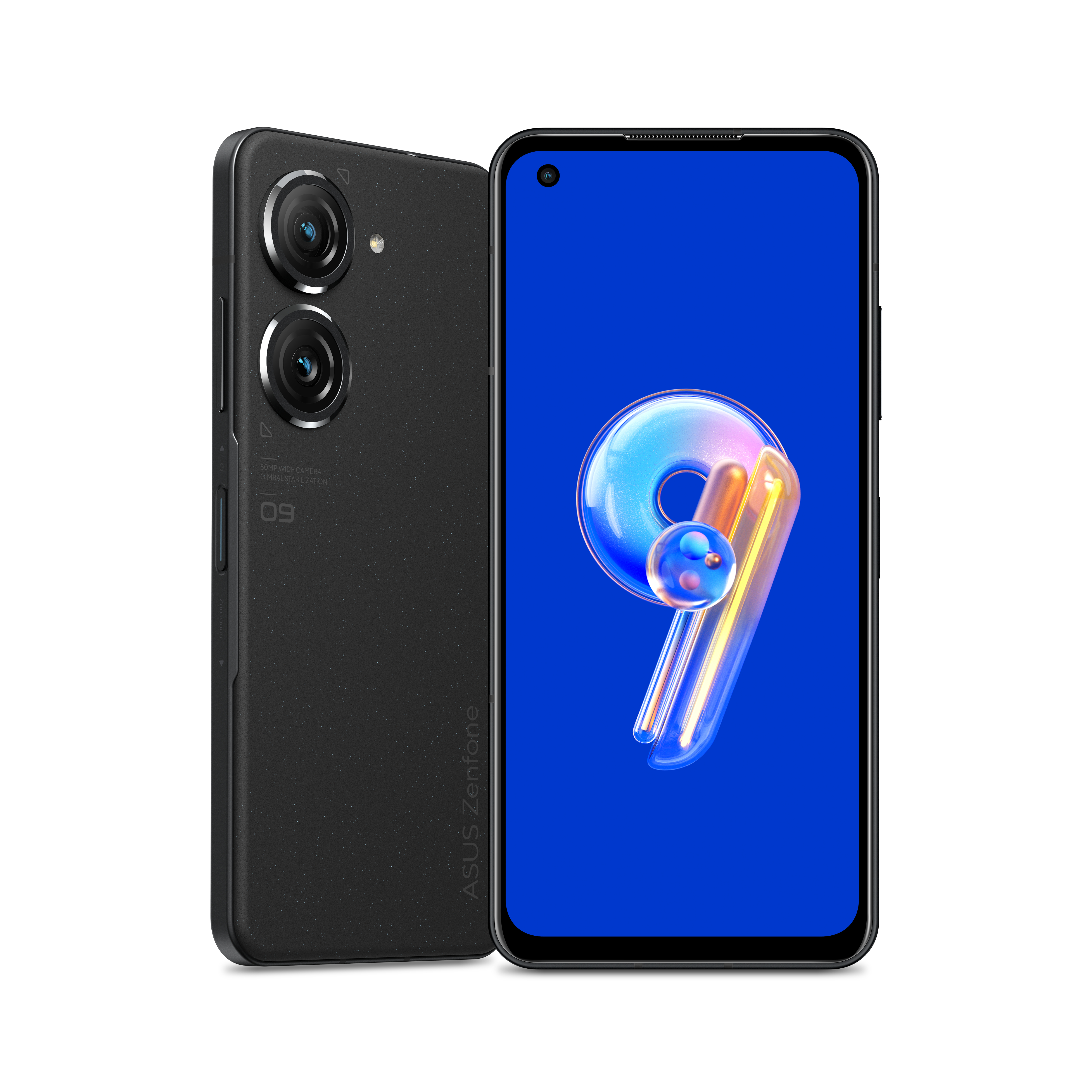 Schwarzes Smartphone mit blauem Bildschirm, das eine farbenfrohe Grafik zeigt. Die Rückseite hat Kameras.