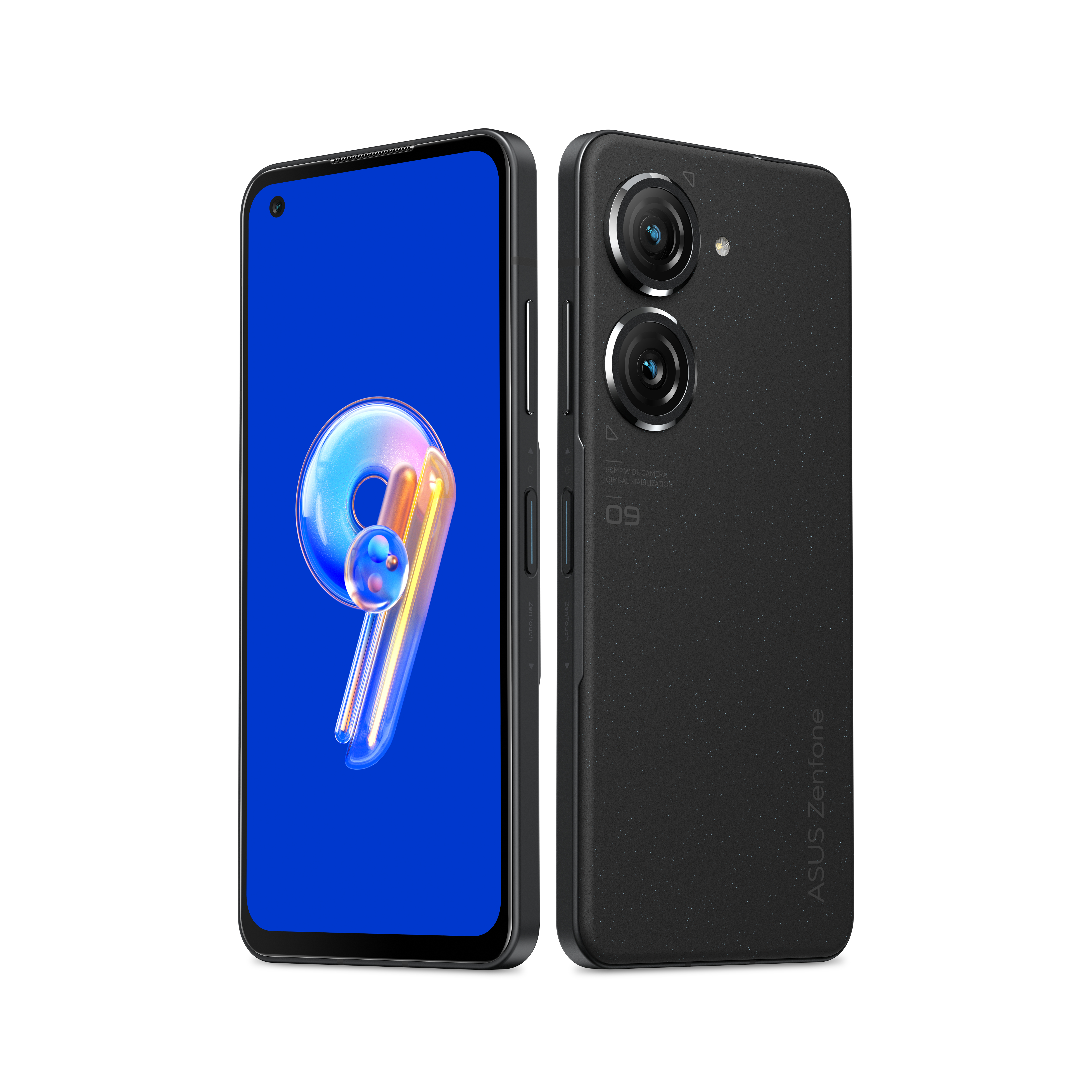 Schwarzes Telefon, Vorder- und Rückansicht, mit Dual-Kameras.