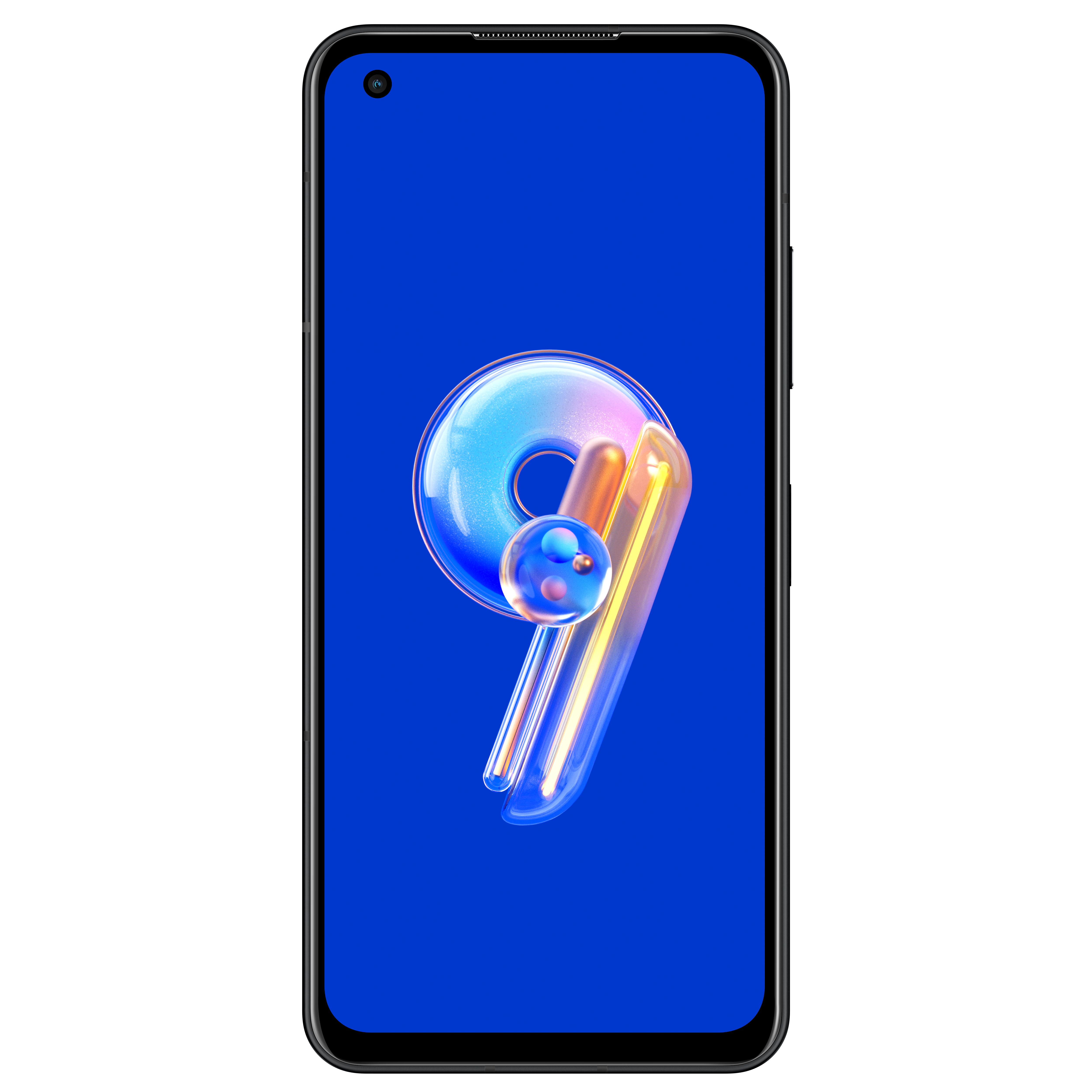 Smartphone mit großem blauen Bildschirm, der ein farbenfrohes Grafikdesign einer '9' zeigt.