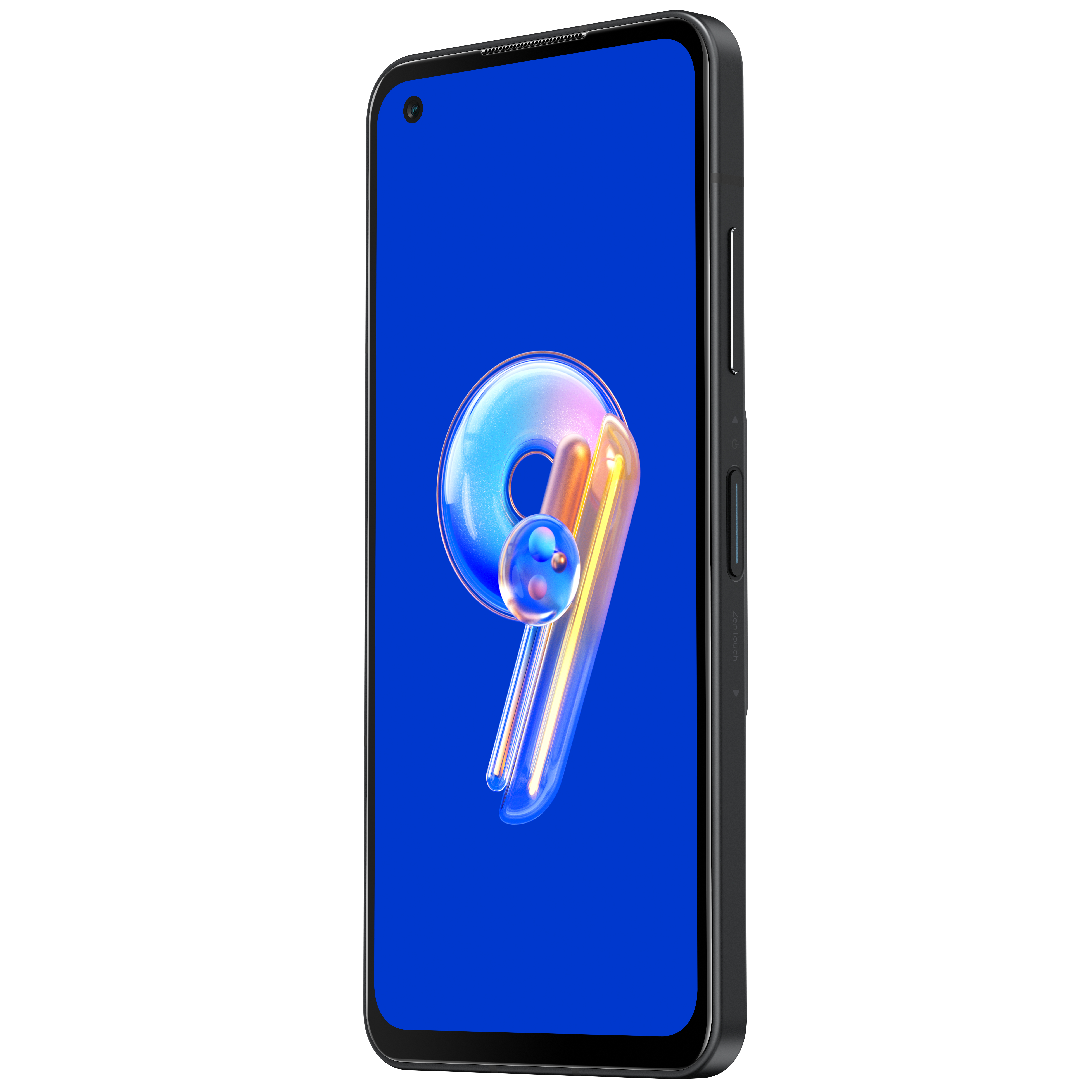 Ein schwarzes Smartphone mit blauem Bildschirm, der ein farbenfrohes Design zeigt.