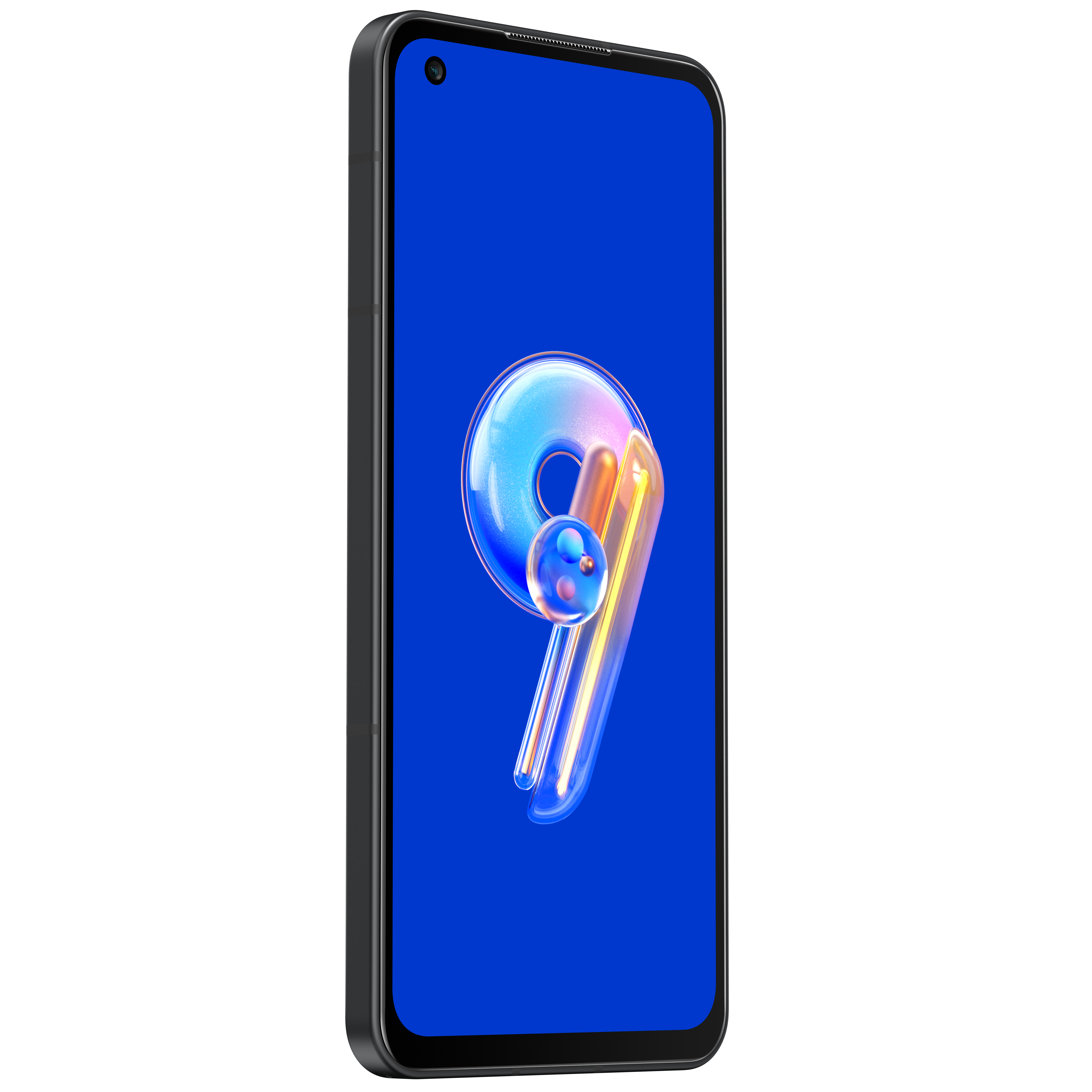 Ein schwarzes Smartphone mit blauem Bildschirm und einem Design der Zahl 9 wird angezeigt.