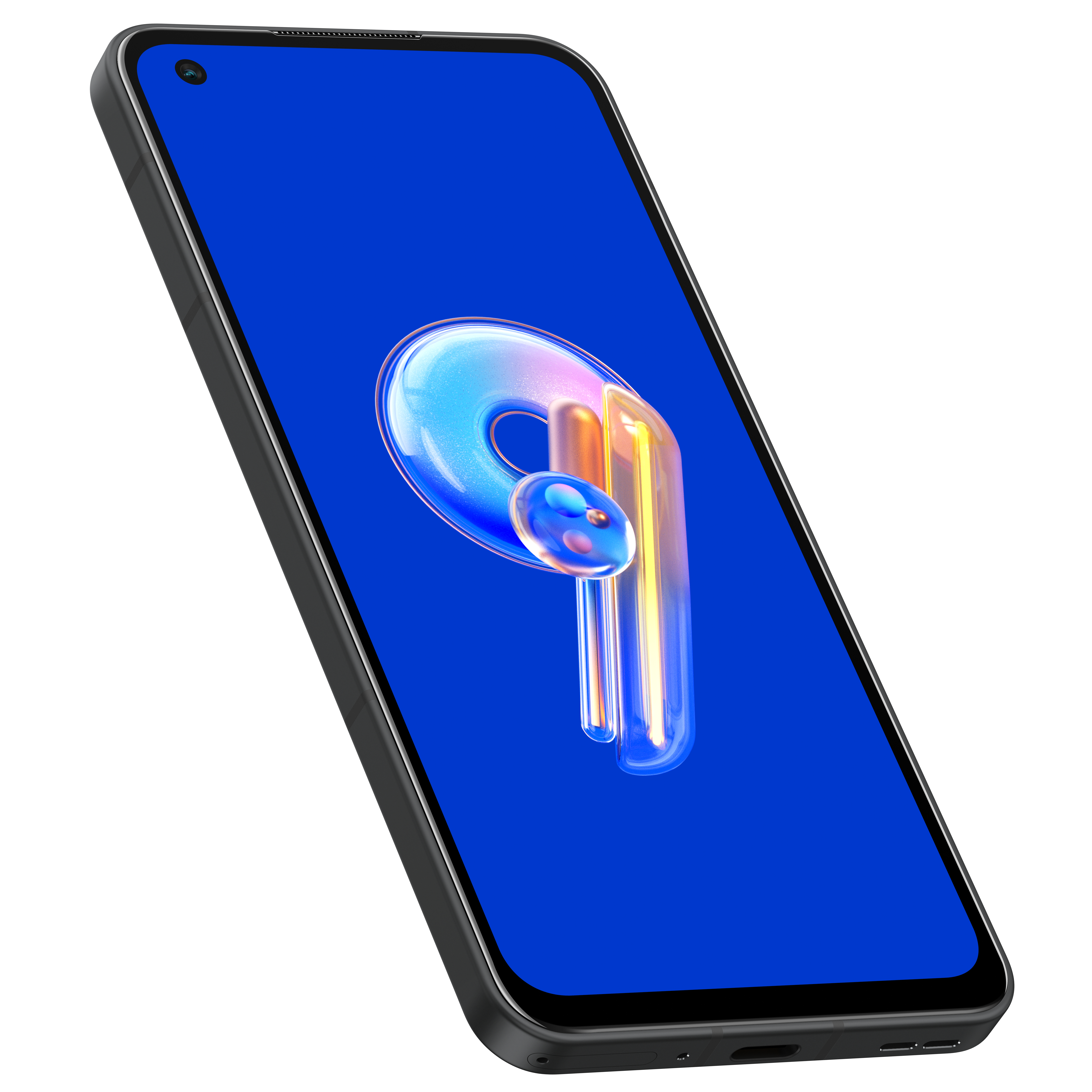 Ein schwarzes Smartphone im Winkel. Der Bildschirm zeigt einen blauen Hintergrund mit farbenfrohem Design.
