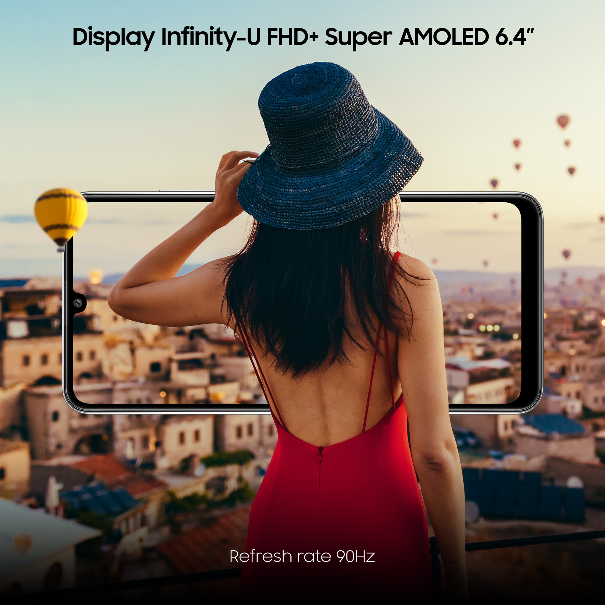 Ekran smartfona z kobietą patrzącą na widok miasta. Tekst: cechy wyświetlacza i częstotliwość odświeżania.