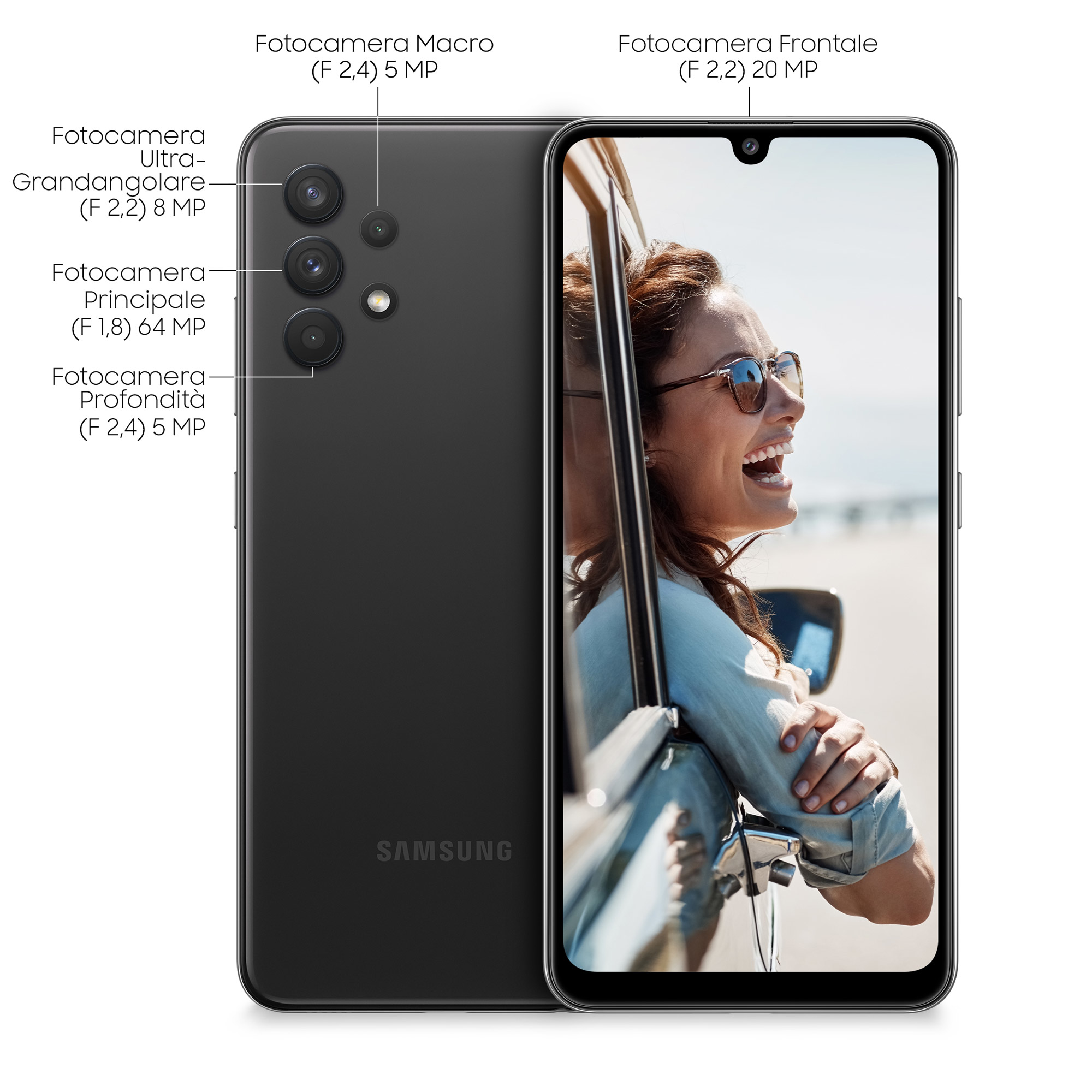 Czarny smartfon z uśmiechniętą kobietą na ekranie. Szczegóły aparatu są oznaczone. Białe tło.