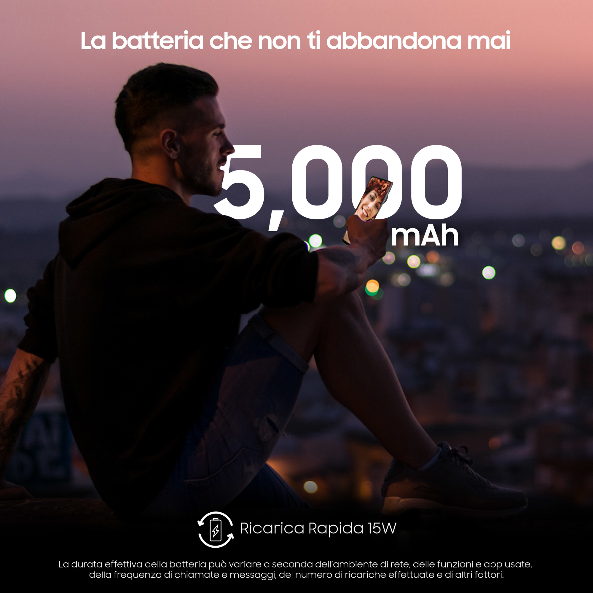 Mężczyzna na dachu, trzymający telefon z dużym wyświetlaczem mAh. Tekst o żywotności baterii.