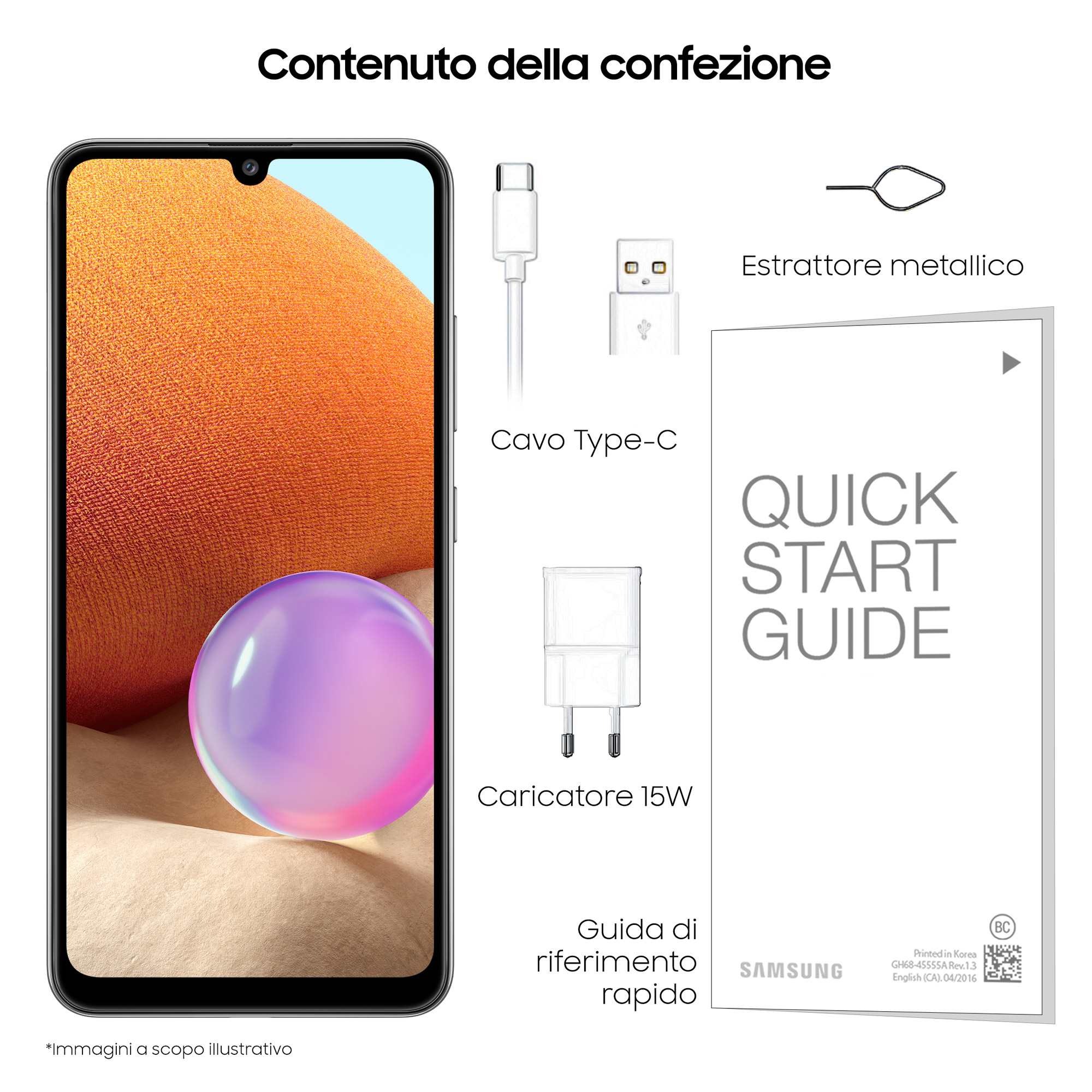 Obrazek przedstawia telefon, ładowarkę, kabel i skróconą instrukcję obsługi, ułożone na białej powierzchni.