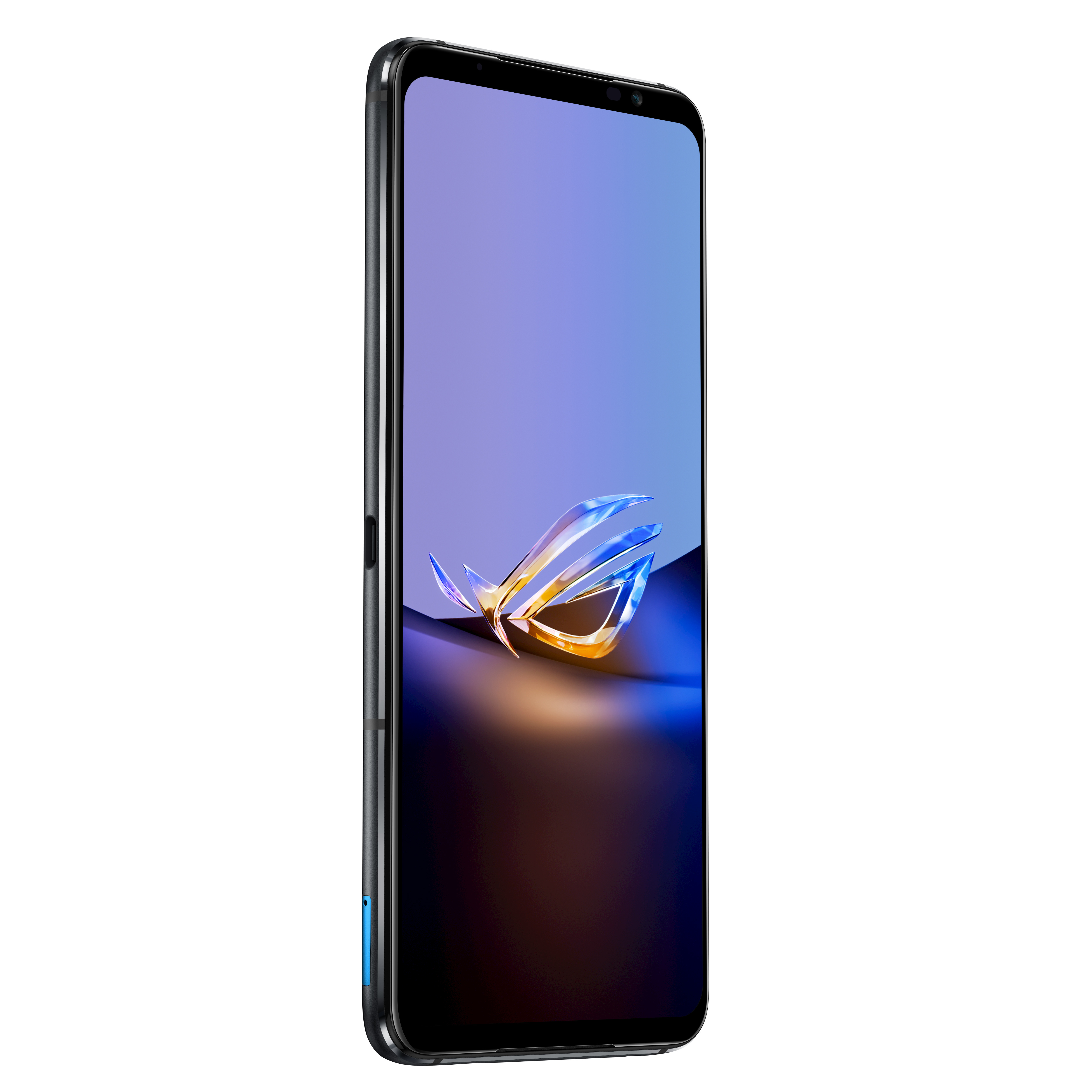 Telefon z niebiesko-złotym logo na ekranie. Telefon jest czarny i pochylony.