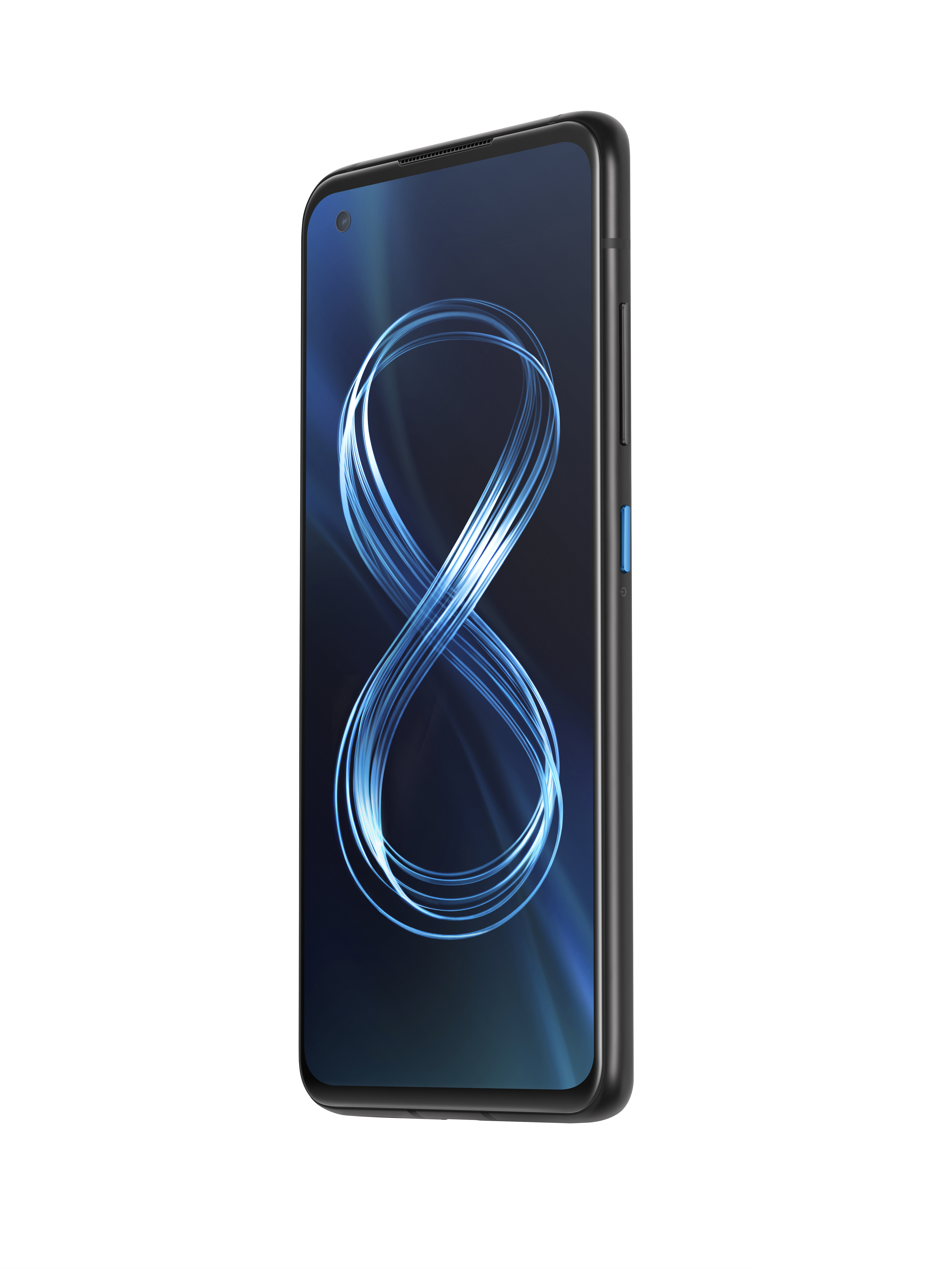 Schwarzes Smartphone zeigt ein blaues Unendlichkeitssymbol auf dem Bildschirm. Auf weißem Grund.