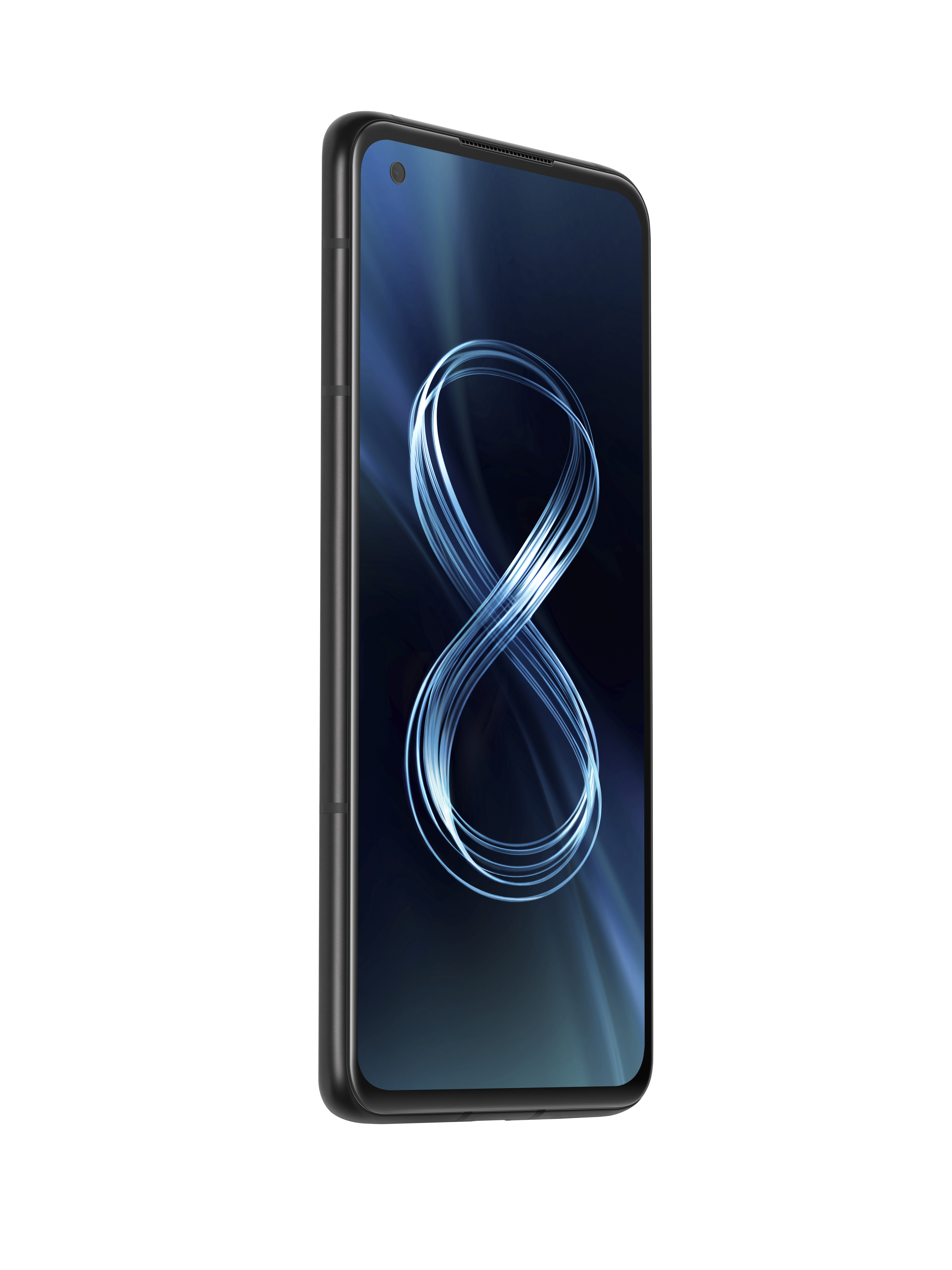 Asus-Telefon. Schwarzer Rahmen, Display zeigt blaues Design. Seitenansicht. Telefon ist angewinkelt.