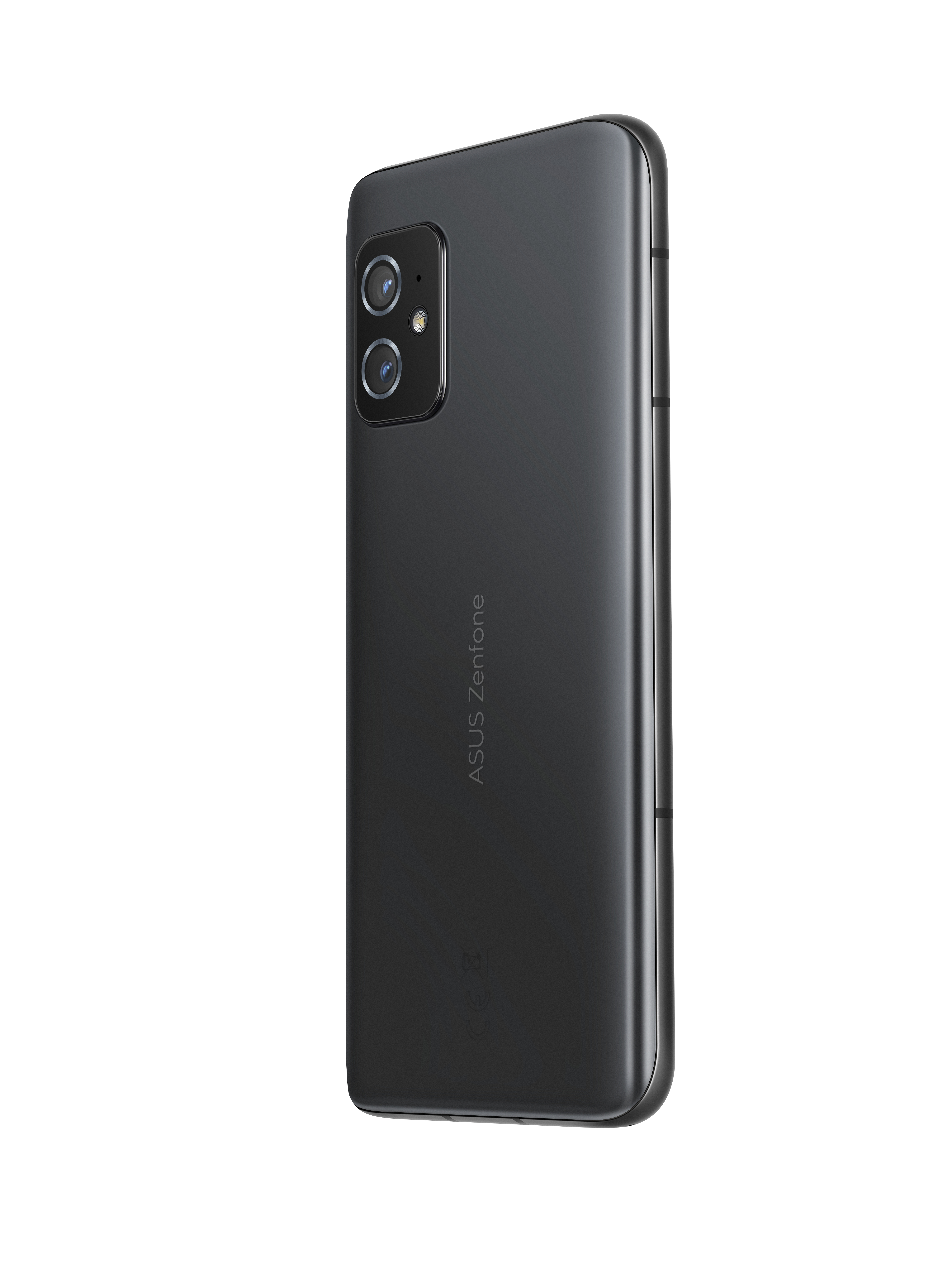 Die Rückseite eines schwarzen Telefons mit drei Kameras und dem ASUS Zenfone Logo.
