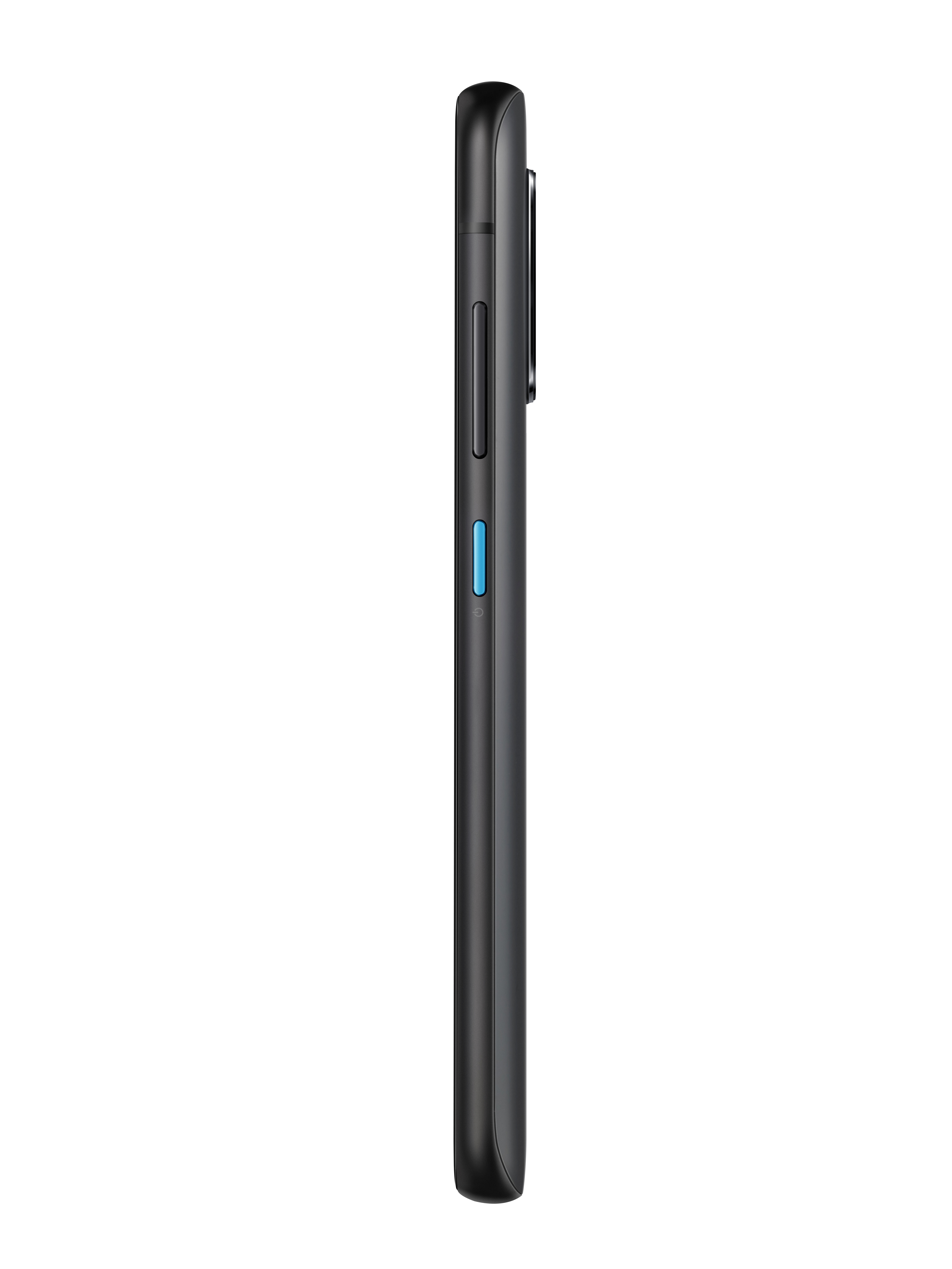 Seitenansicht eines schwarzen Smartphones mit einer blauen Taste an der Seite.