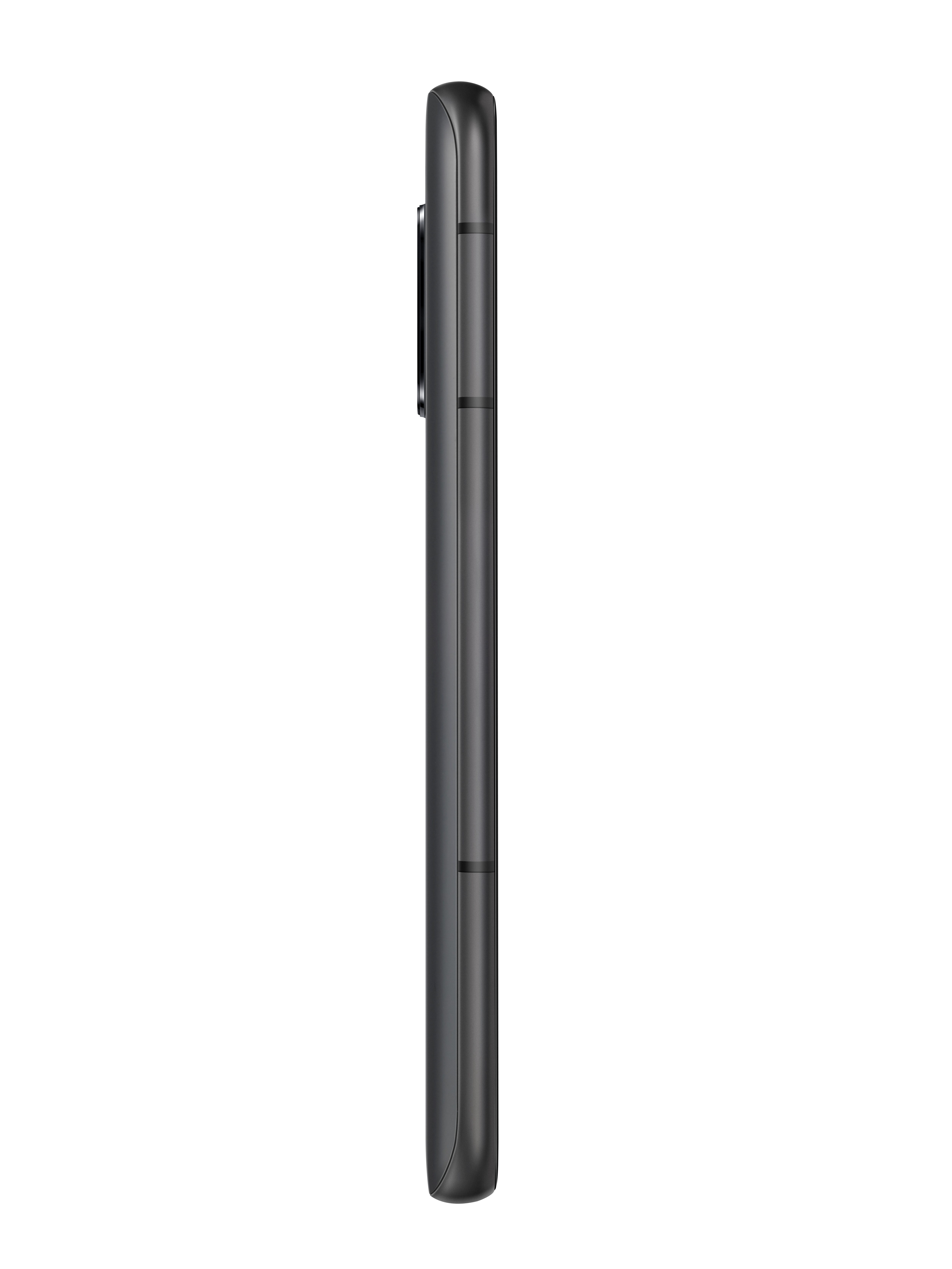 Ein schwarzes Smartphone, Seitenansicht, zeigt die Seitentasten und ein Kameramodul.