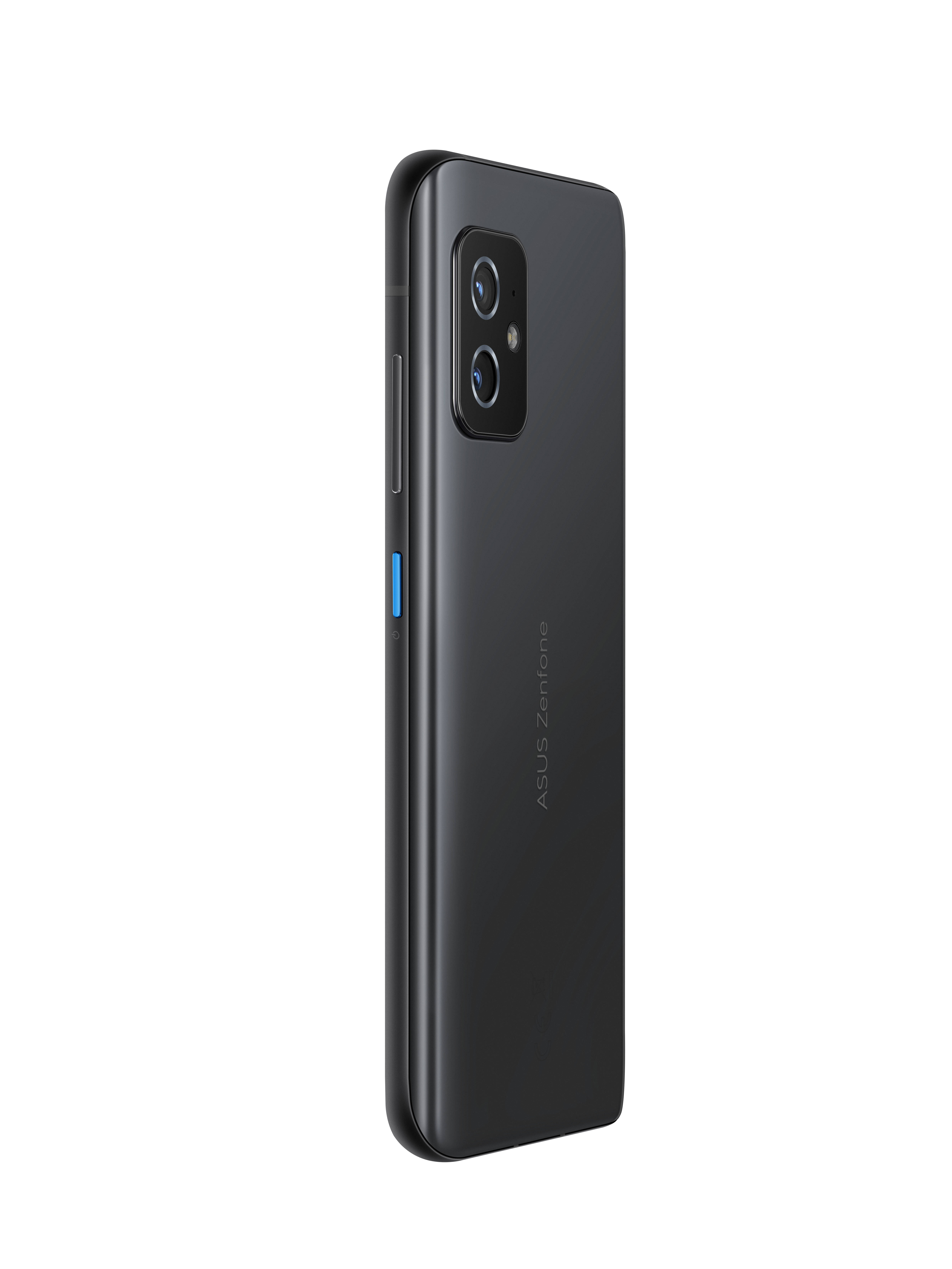Schwarzes ASUS Zenfone-Telefon, Seitenansicht mit Lautstärketasten und Kamera. Weißer Hintergrund.