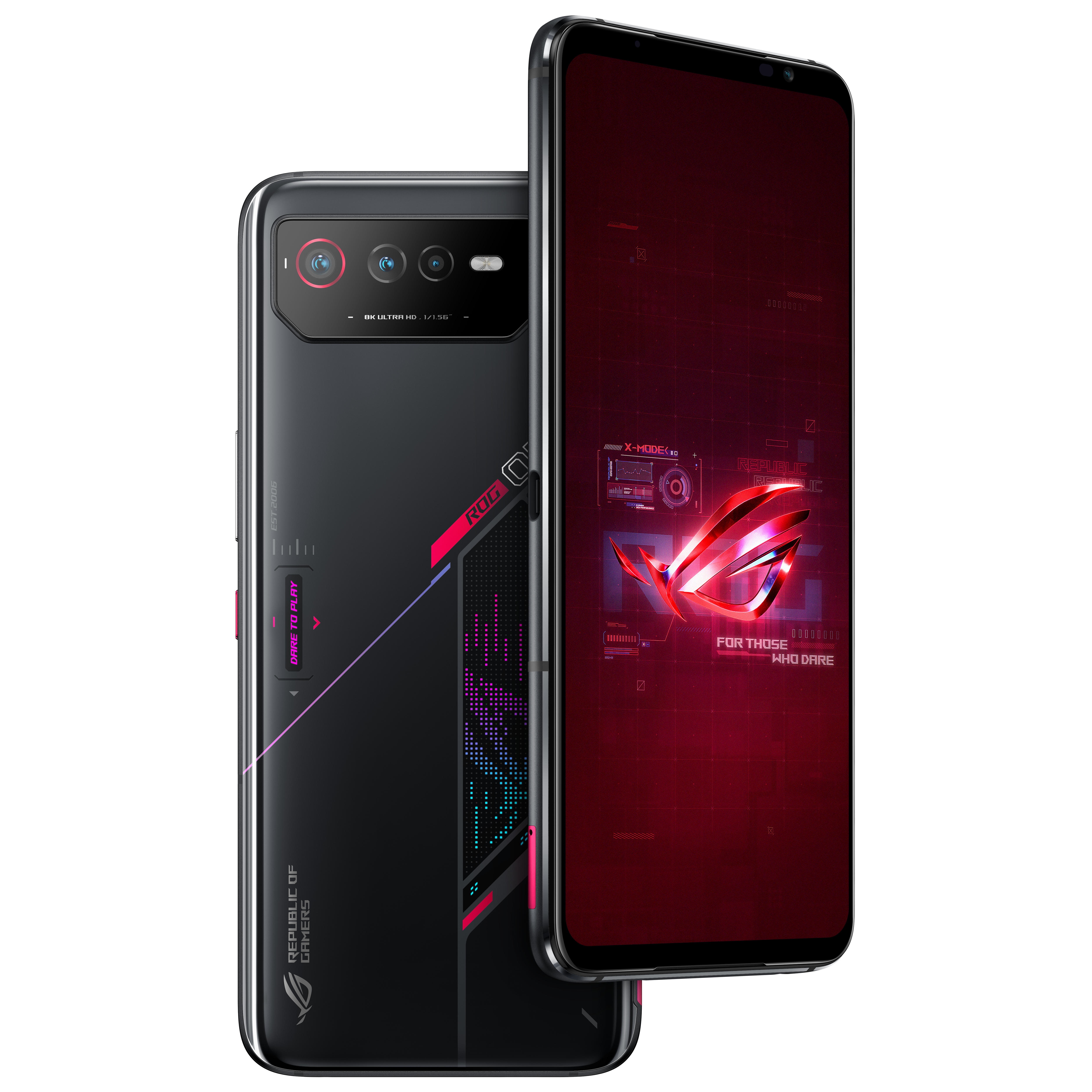 Smartphone de jeu noir et rouge avec écran arrière et avant.