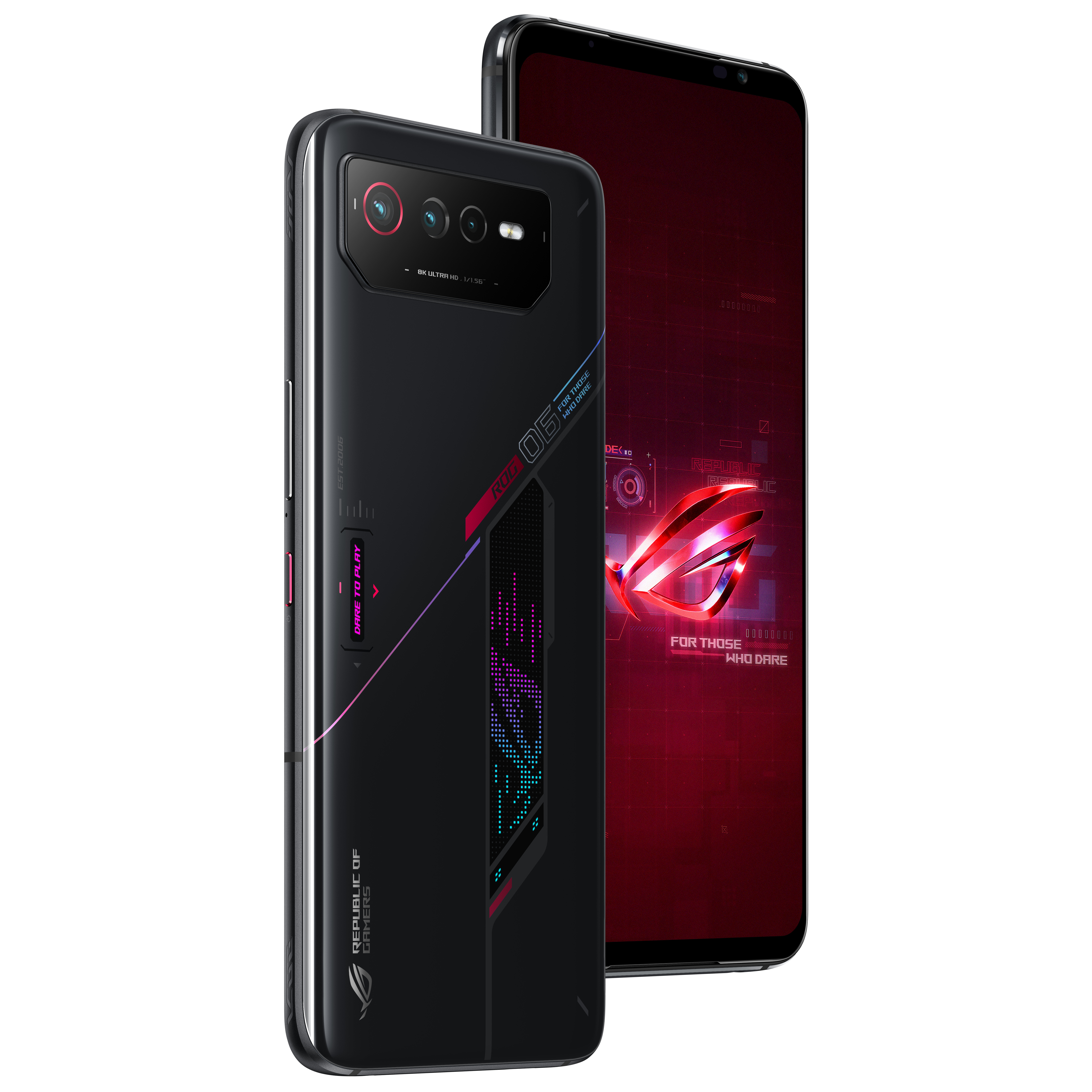 Smartphone noir avec un design unique, avec plusieurs caméras et le logo Republic of Gamers.
