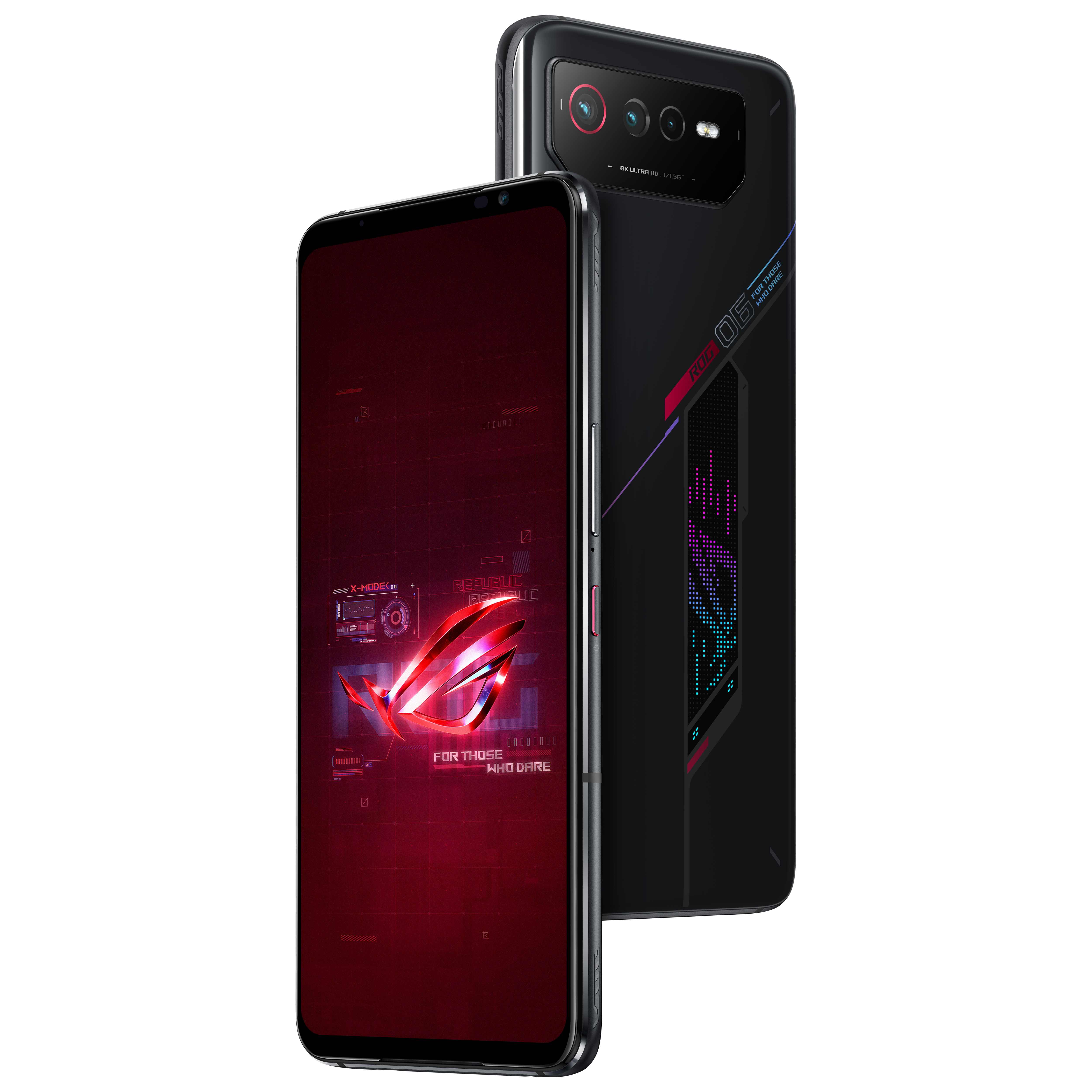 Smartphone noir avec des accents rouges, affichant une interface de type jeu, et un deuxième téléphone derrière.