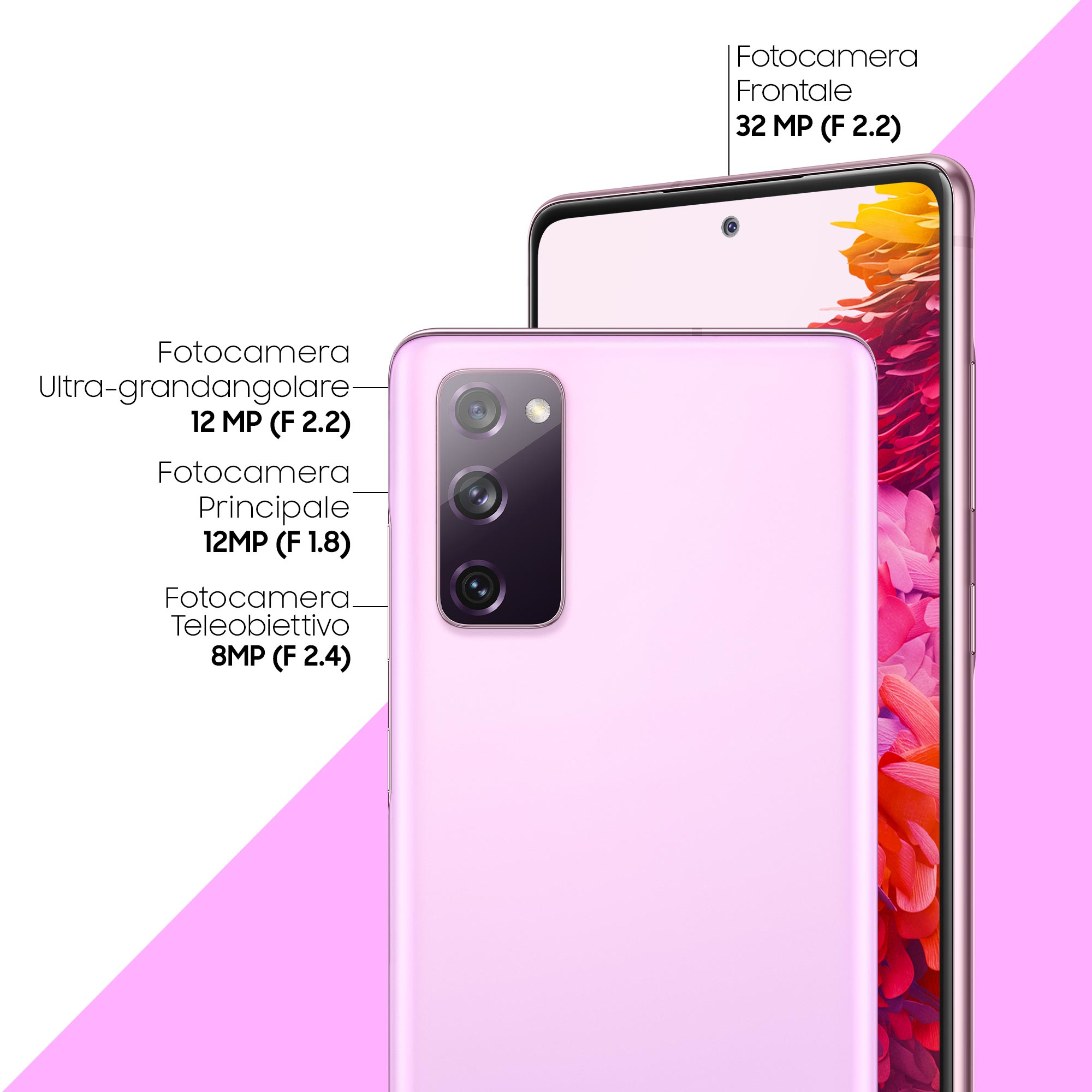 Różowy telefon z wieloma aparatami. Zbliżenie przodu z ekranem i specyfikacją aparatu.
