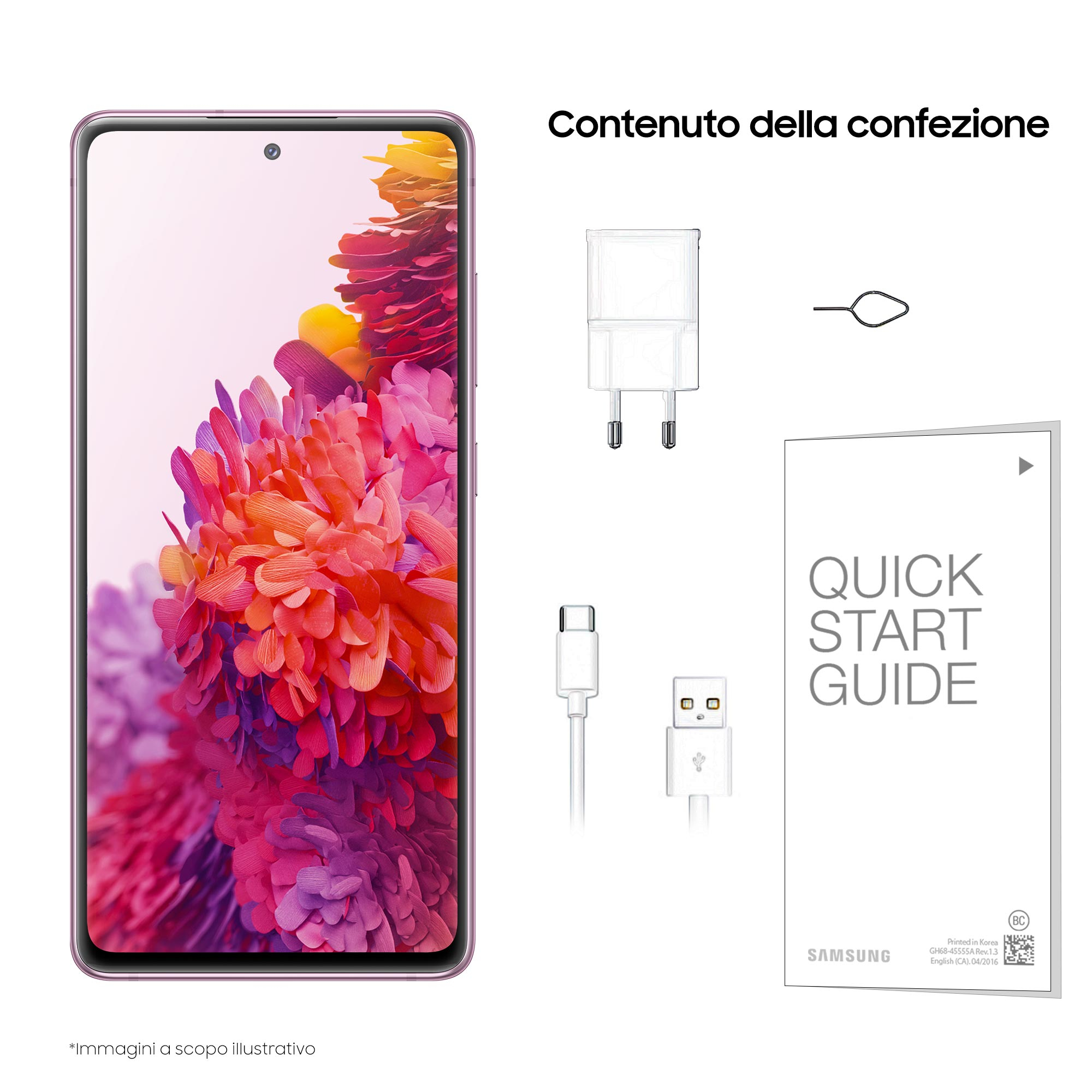 Smartfon, ładowarka, kabel i krótka instrukcja na białym tle.