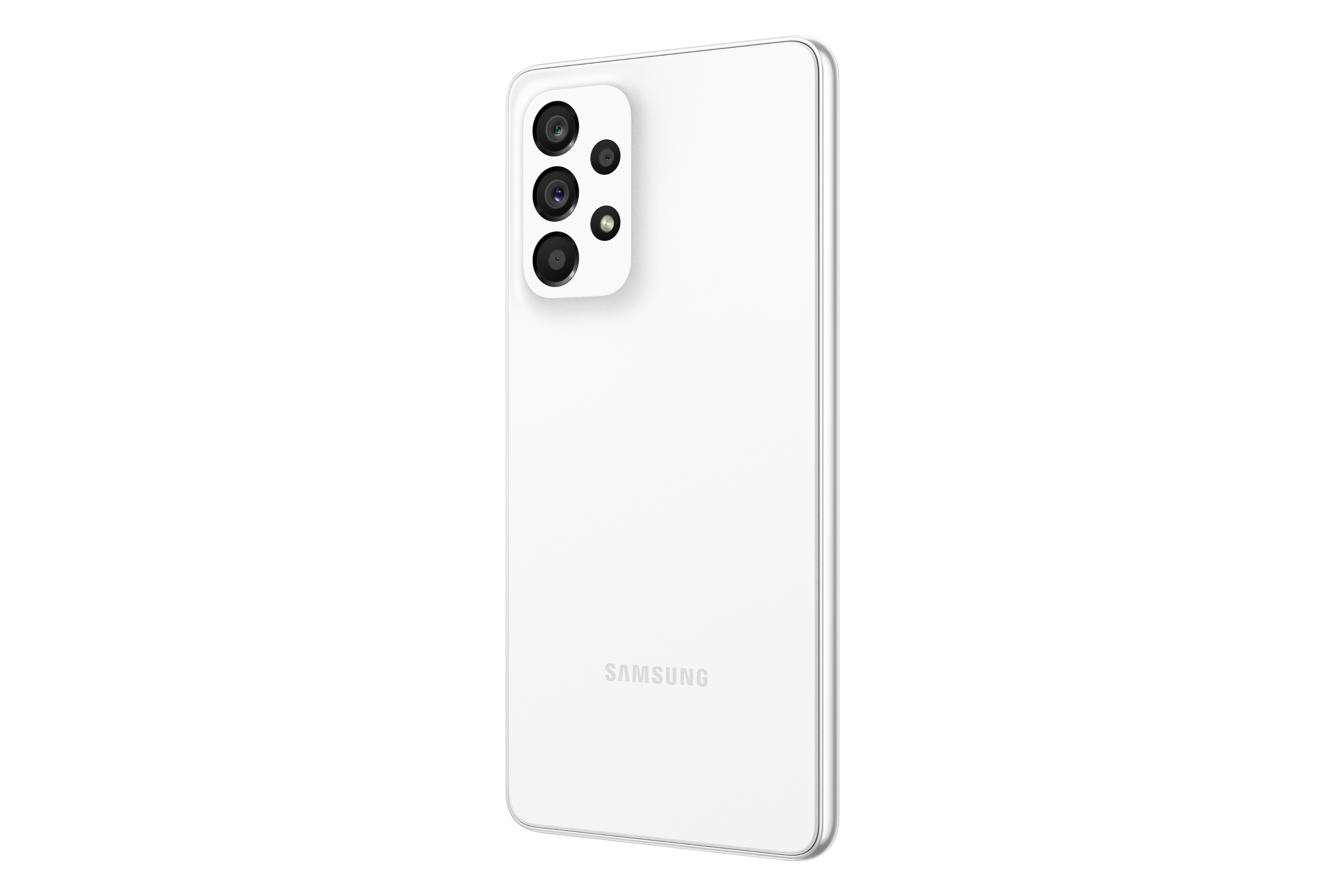 Biały smartfon z trzema aparatami z tyłu. Logo Samsung znajduje się na dole.