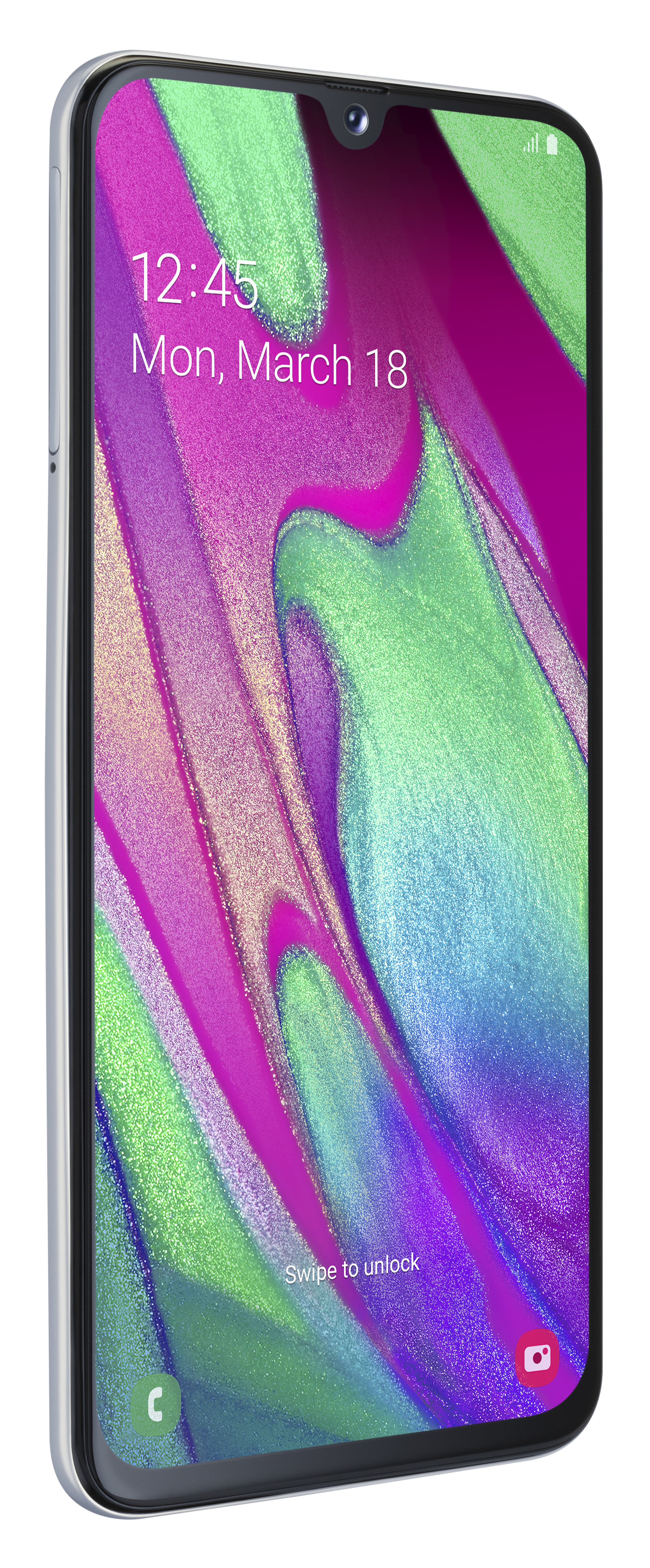 Srebrny telefon Samsung. Ekran pokazuje godzinę i datę, z kolorowym, abstrakcyjnym tłem.