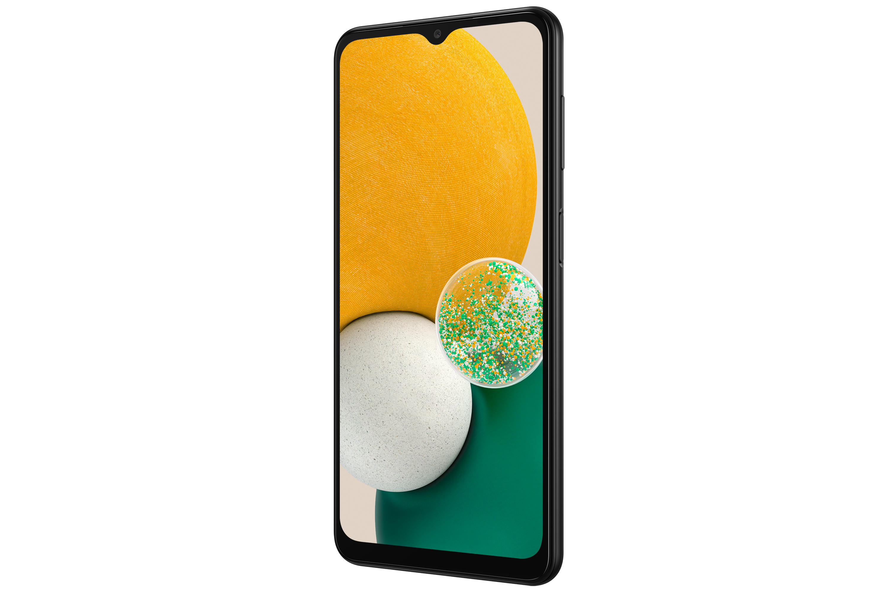 Smartfon z żółto-zielonym wyświetlaczem, z trzema pływającymi kulami.