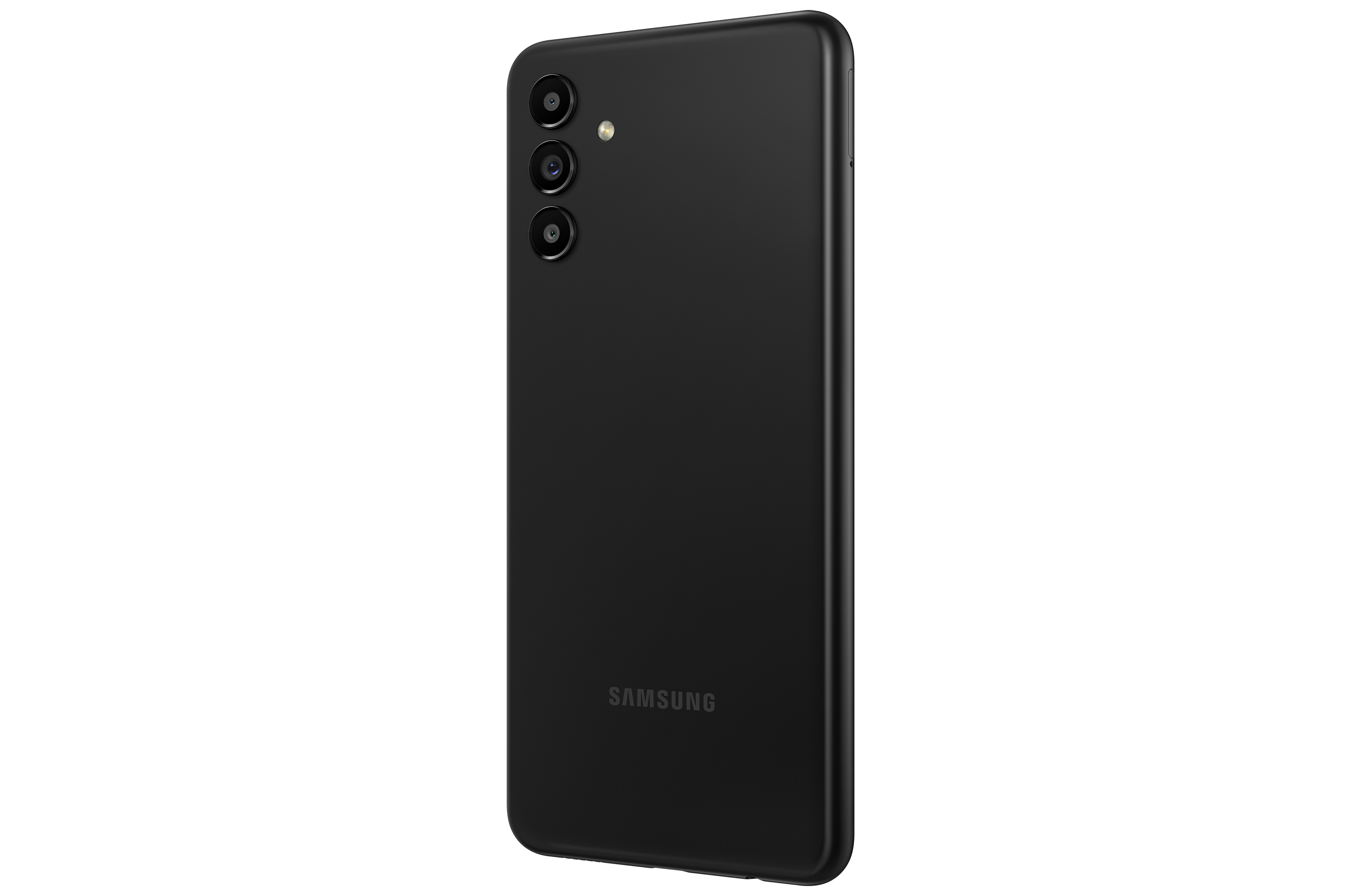 Czarny tył smartfona, z trzema tylnymi aparatami i logo Samsung.