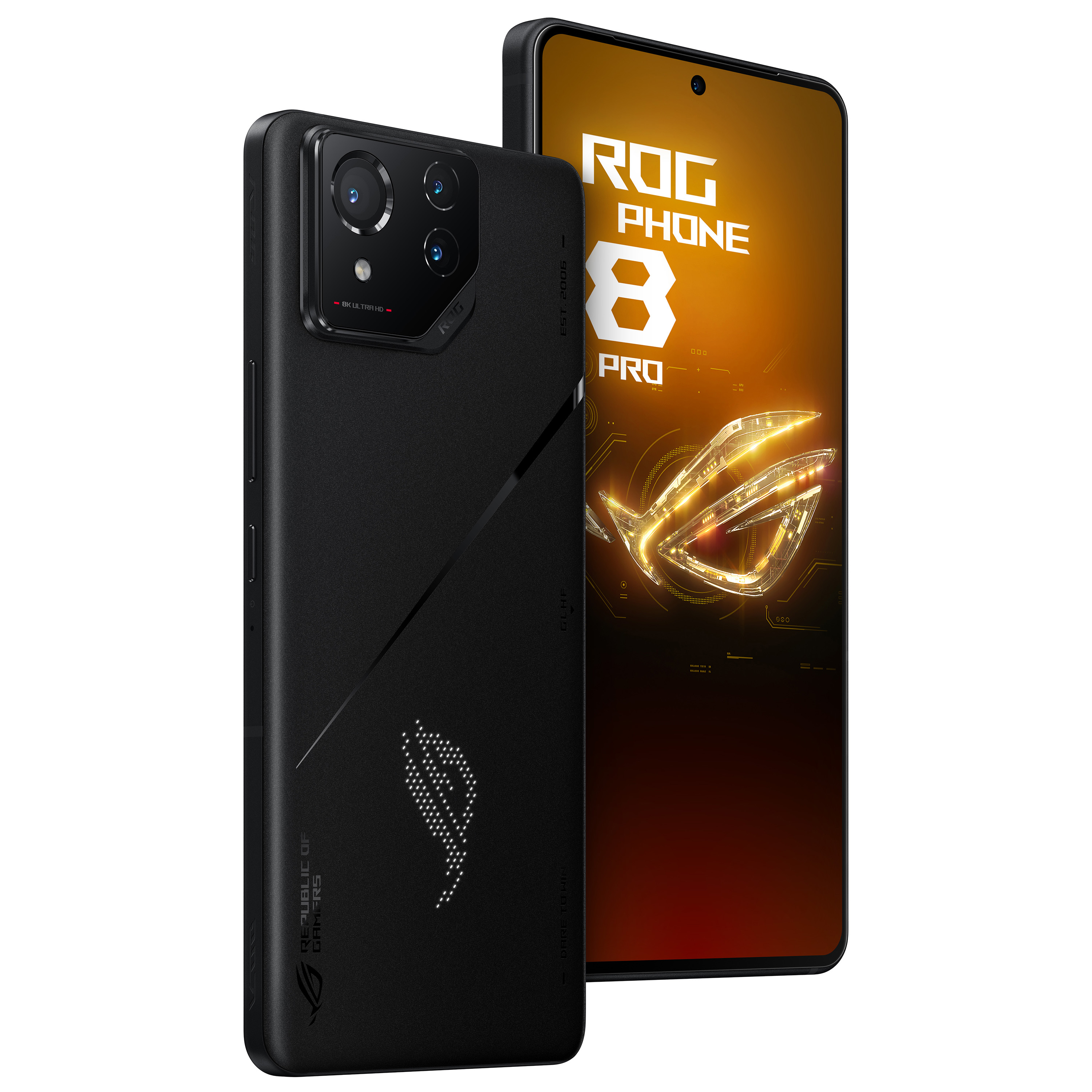 ROG Phone 8 Pro, dwa telefony, jeden z wyświetlaczem, drugi tyłem do góry.