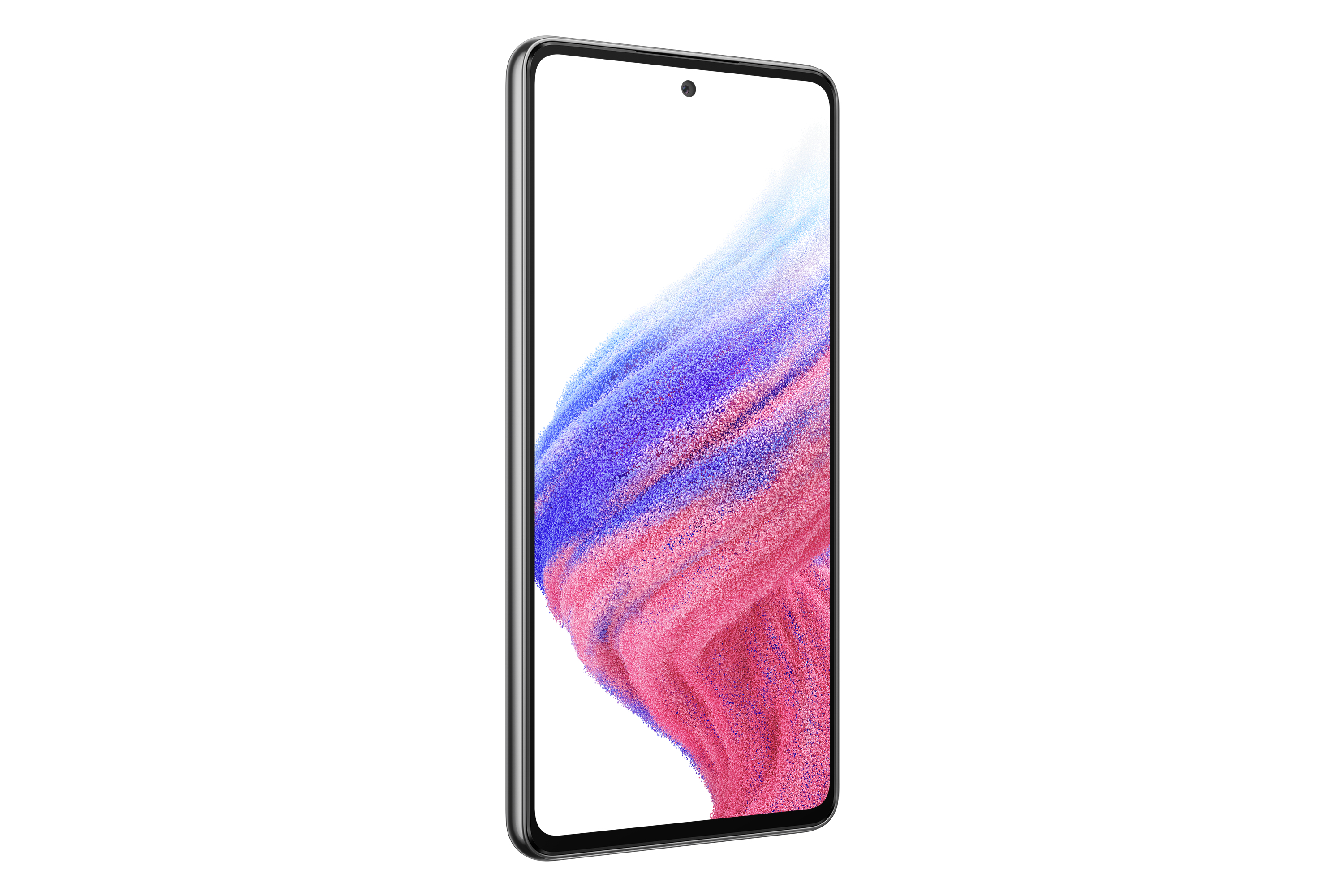 Smartfon, widok z przodu, czarna ramka, białe tło. Ekran wyświetla kolorowy, abstrakcyjny wzór.