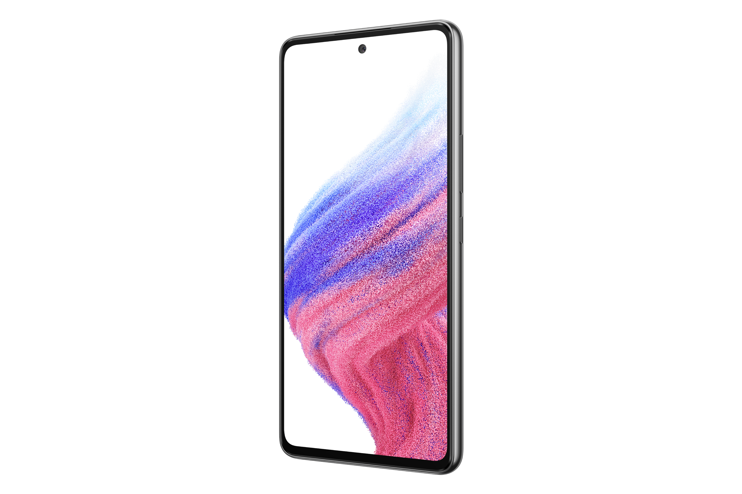 Telefon z boku, ekran wyświetla kolorowy abstrakcyjny wzór na białym tle.