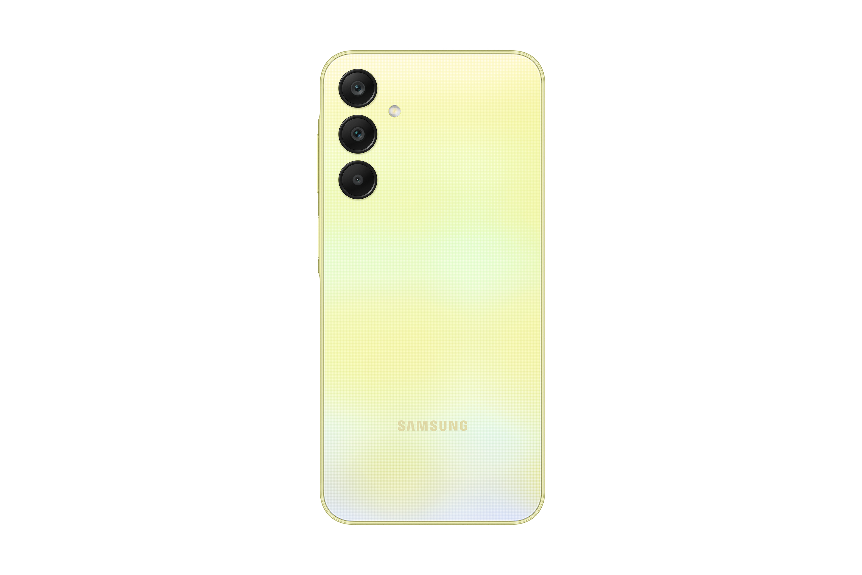 Żółty tył telefonu z 3 aparatami i logo Samsung.