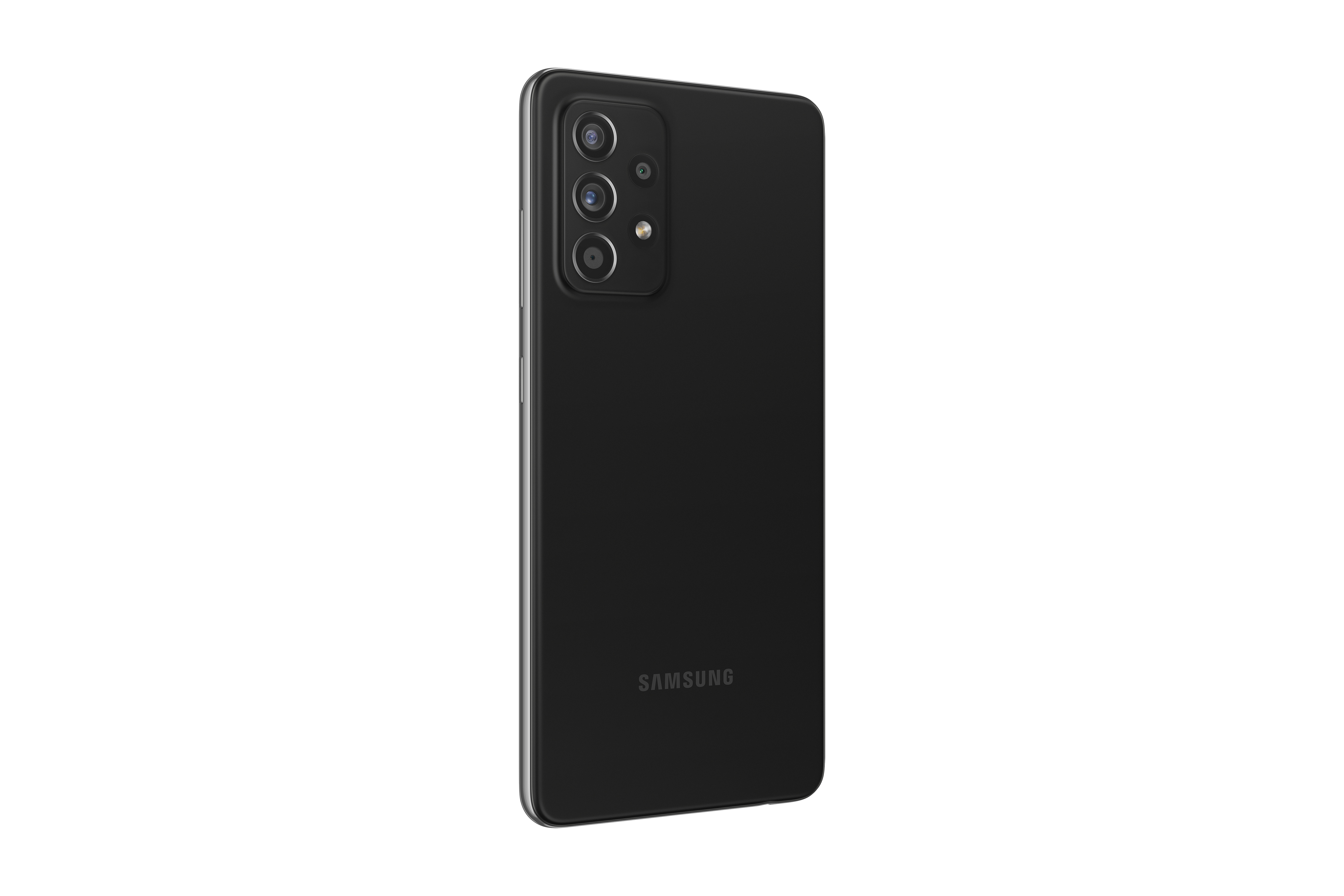Czarny smartfon, widok z tyłu, z trzema aparatami i logo Samsung.