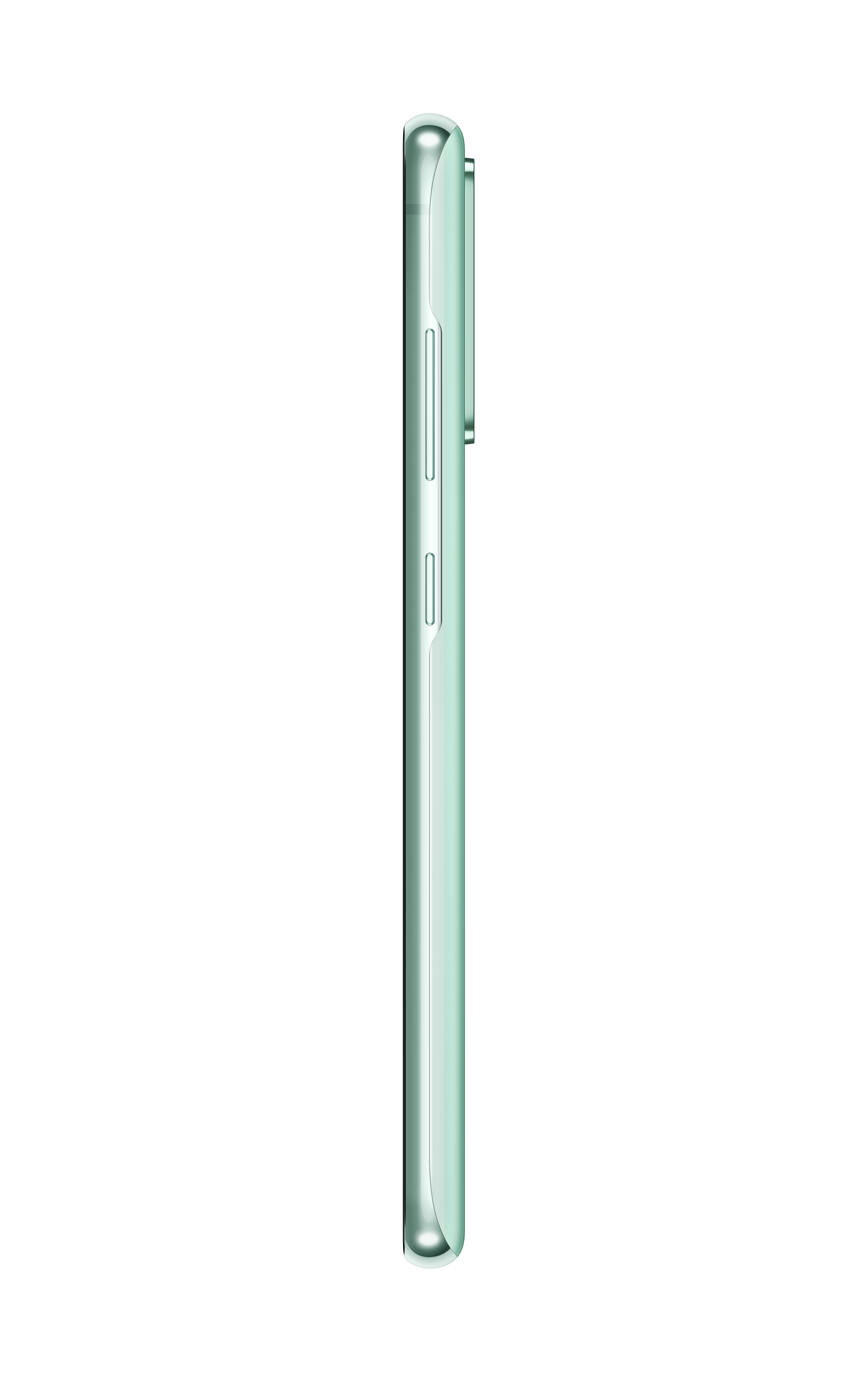 Die Seite eines mintgrünen Telefons, das Knöpfe und den Rand zeigt.