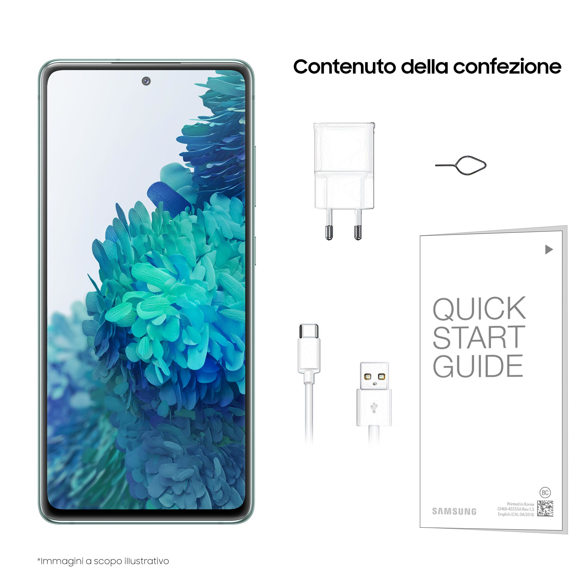 Smartphone mit Zubehör: Ladegerät, Kabel, SIM-Werkzeug und Kurzanleitung. Weißer Hintergrund.