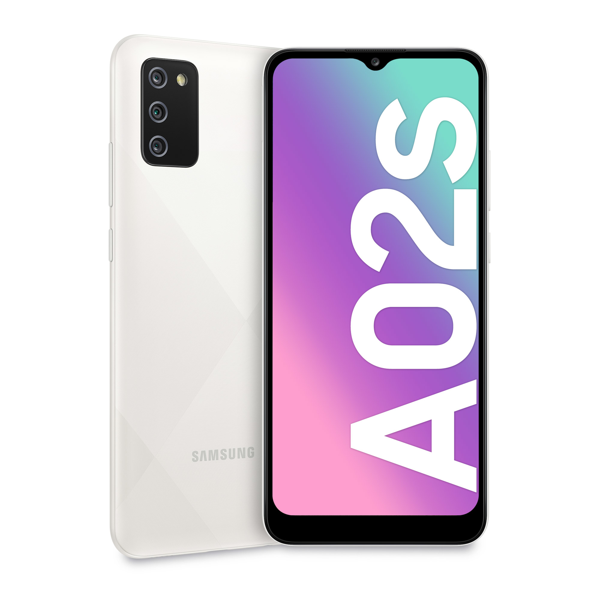 Weißes Smartphone mit Rück- und Vorderansicht, Samsung und A02s Modell.