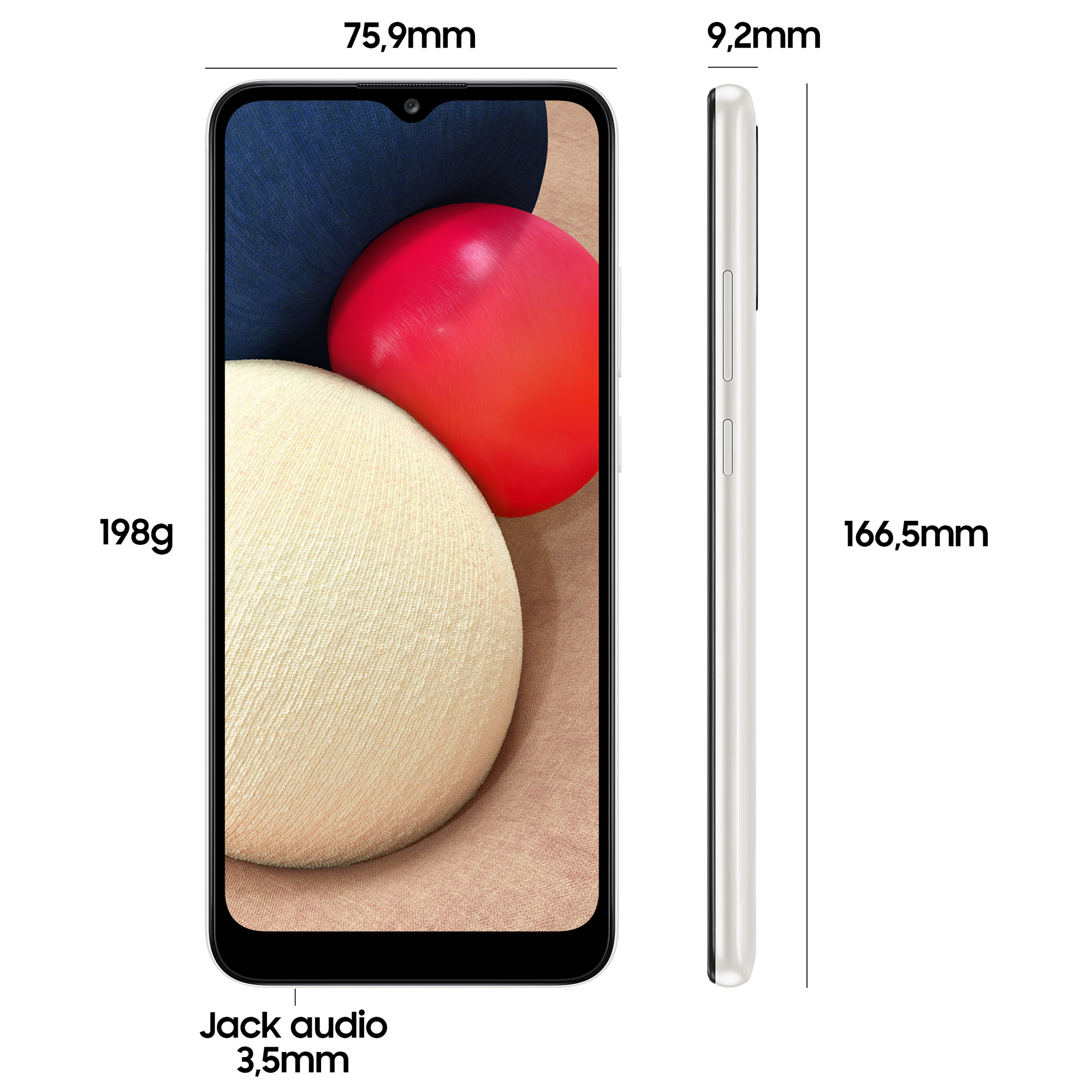 Weißes Smartphone, Vorder- und Seitenansicht, mit Abmessungen: 198g, 166,5mm, 75,9mm, 9,2mm und Klinkenanschluss 3,5mm.