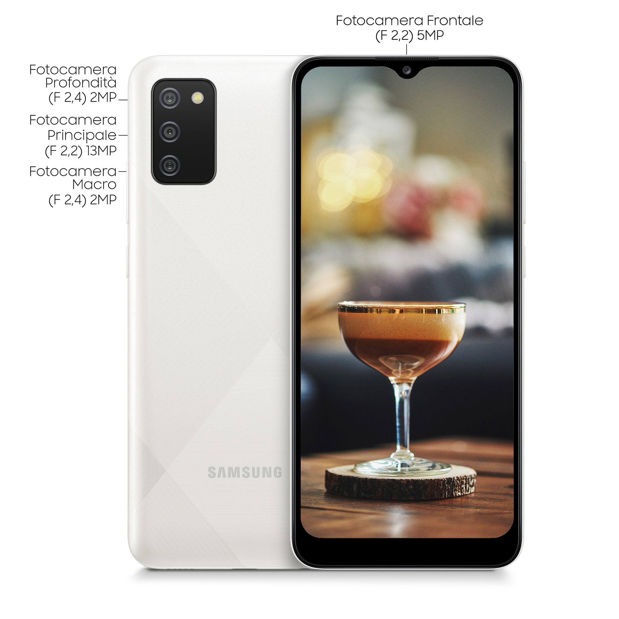 Weißes Smartphone, das einen Cocktail auf dem Bildschirm anzeigt. Auf der Rückseite befinden sich drei Kameras.