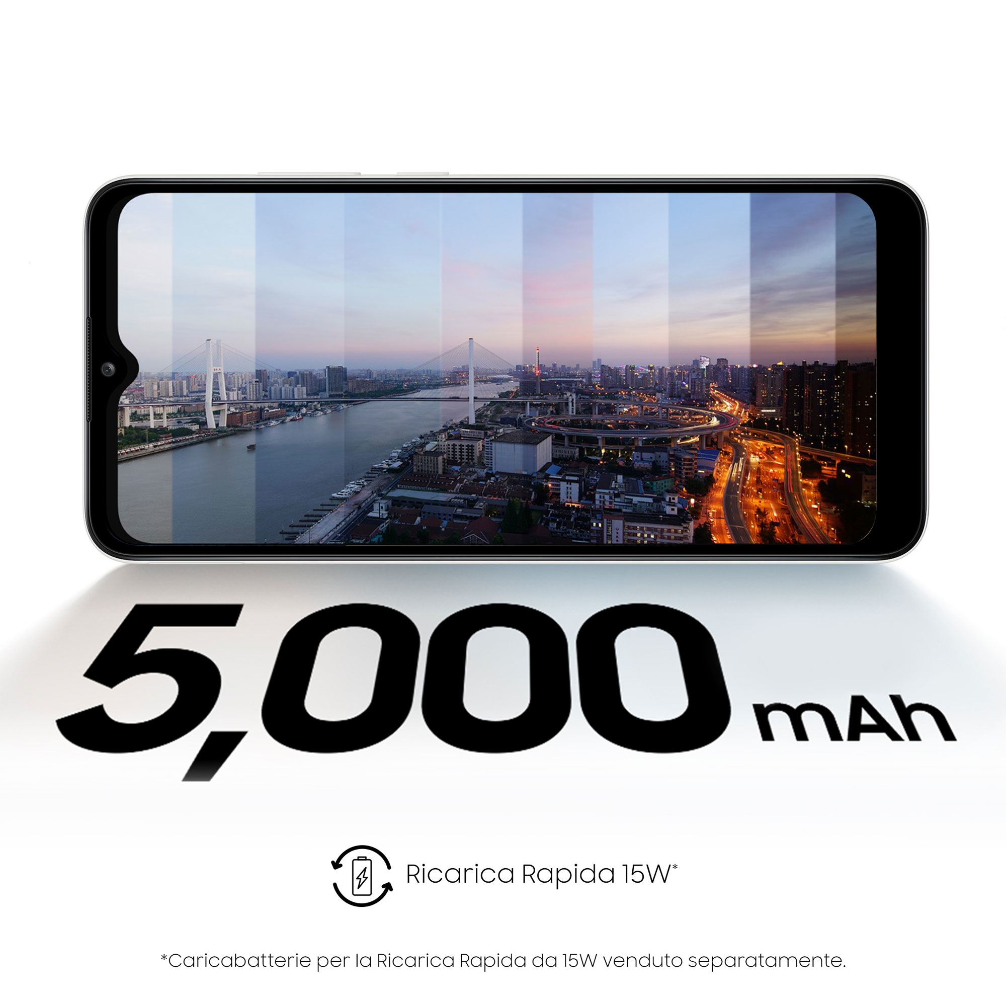 Ein Telefonbildschirm mit einer Stadtlandschaft im Hintergrund und der Zahl 5.000 mAh, mit einem Schnelllade-Symbol.