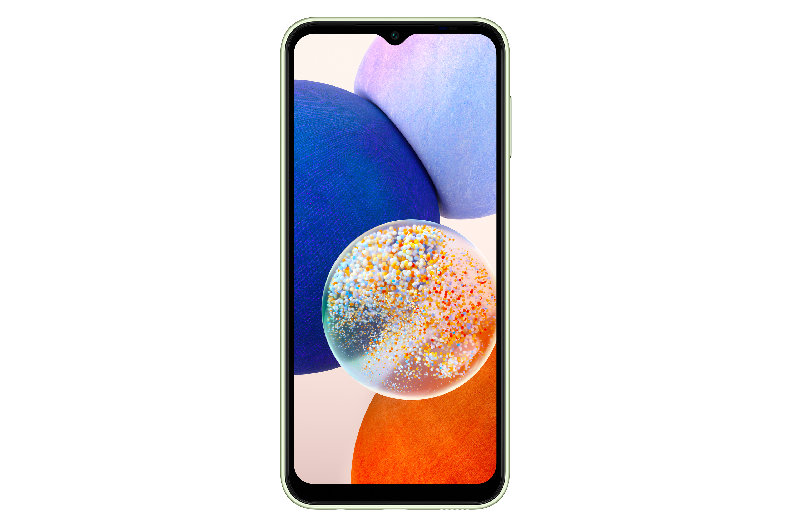 Uno smartphone con un display che mostra arte astratta, su sfondo bianco.