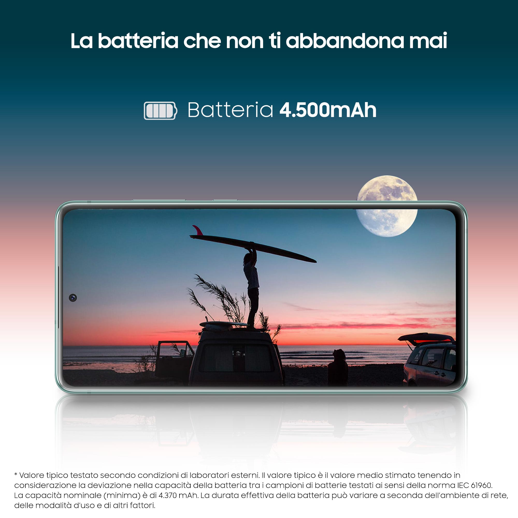 Smartphone-Bildschirm mit Strandszene. Akku-Symbol und Text. Mond im Hintergrund. Türkis Hintergrund.