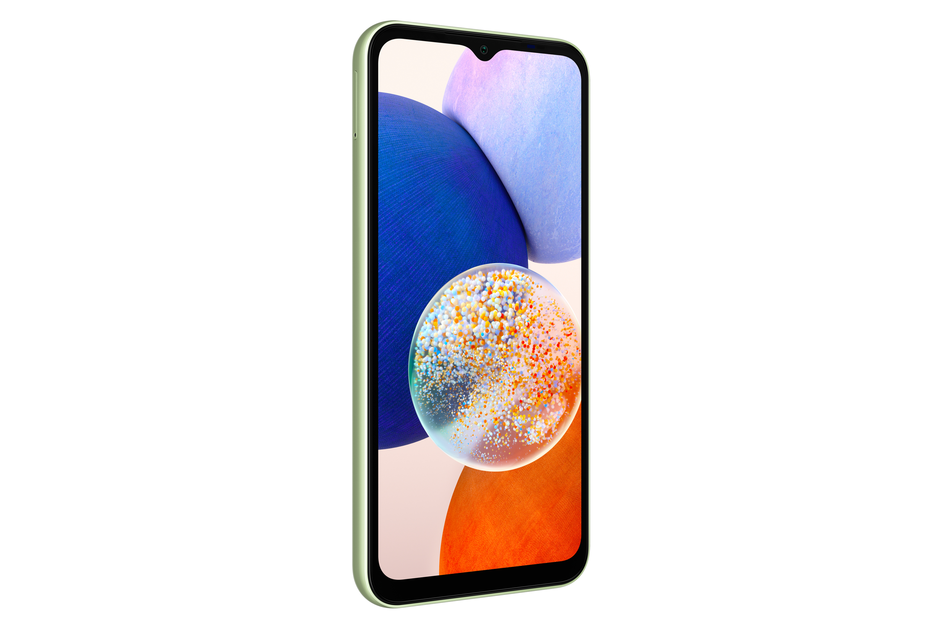 Telefono Samsung verde, vista frontale. Il display mostra un'immagine astratta colorata. Il telefono è leggermente angolato.