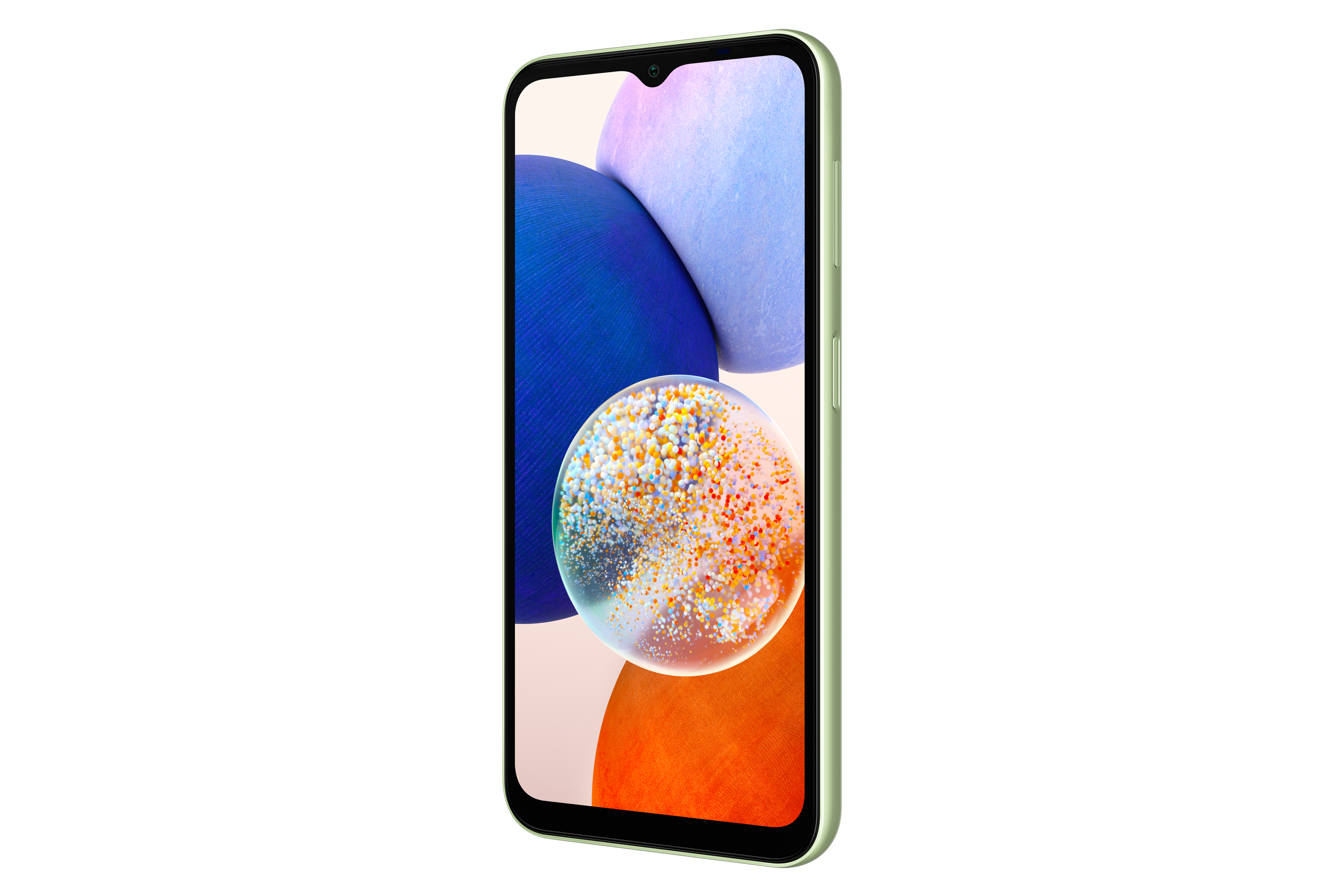 Smartphone verde chiaro che mostra tre forme colorate sullo schermo.