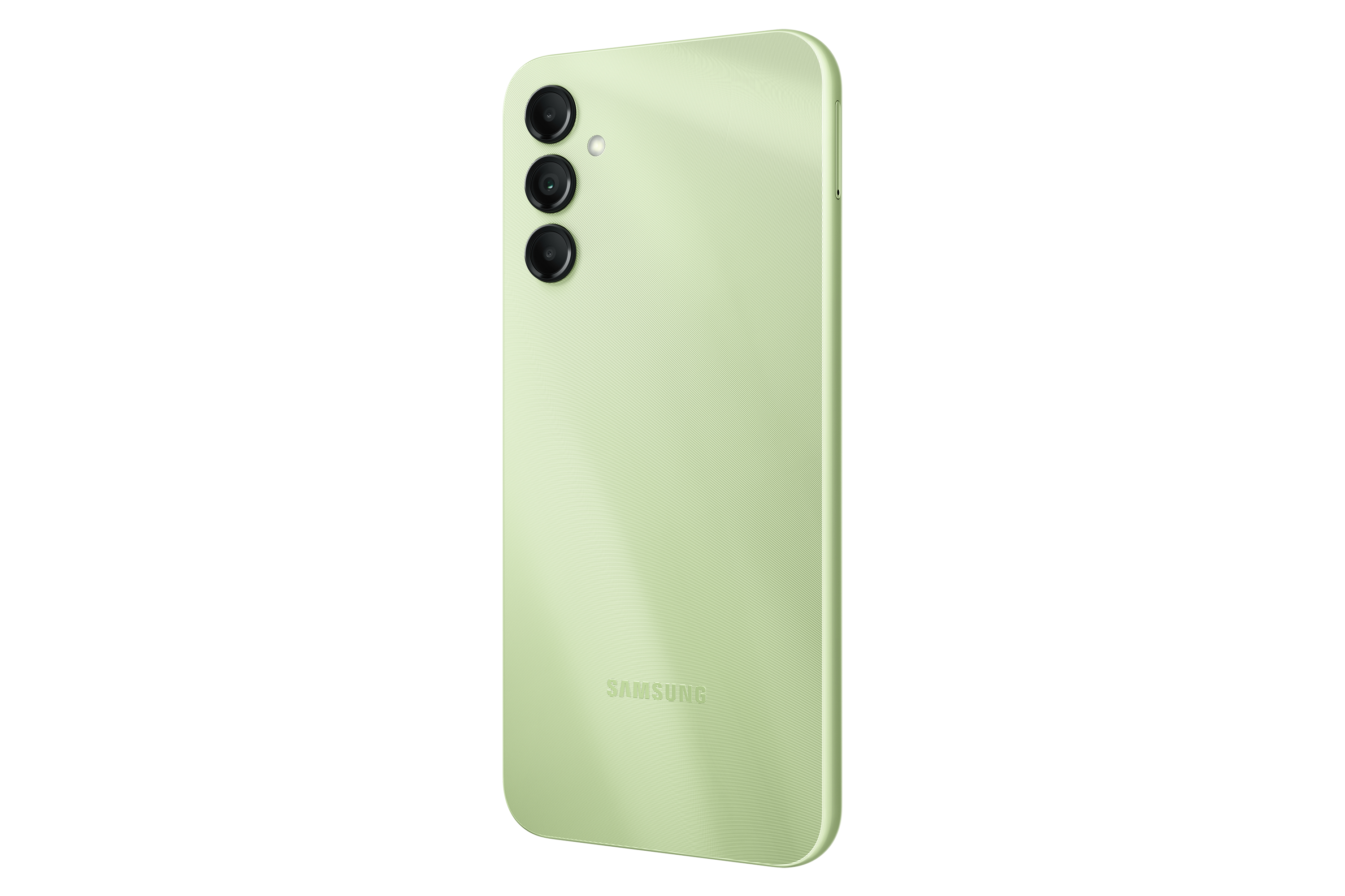Retro di smartphone verde. Tre fotocamere, logo Samsung, colore verde chiaro. Sfondo bianco.