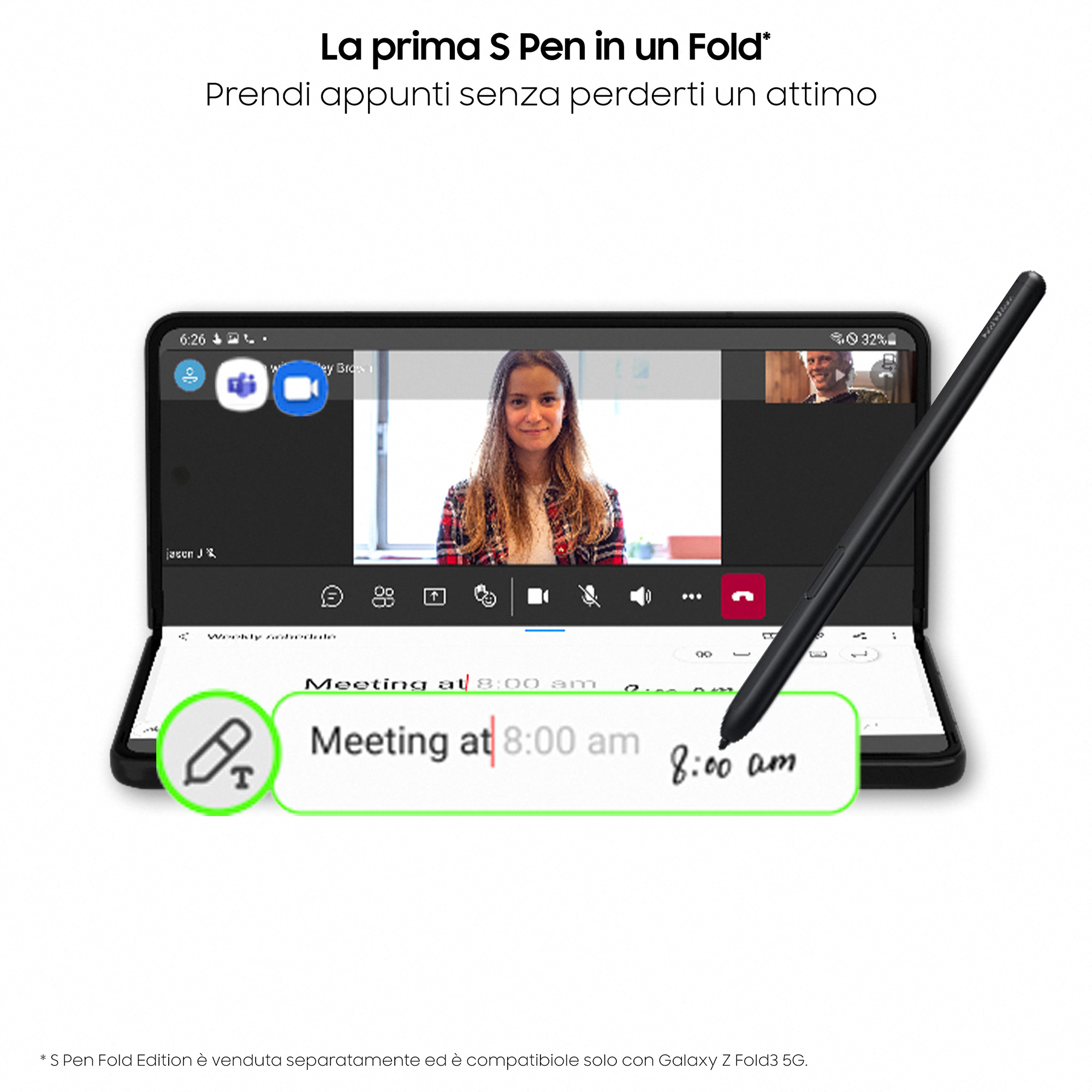 Telefon jest otwarty, wyświetlając rozmowę wideo i notatki. Pióro pisze na notatkach.