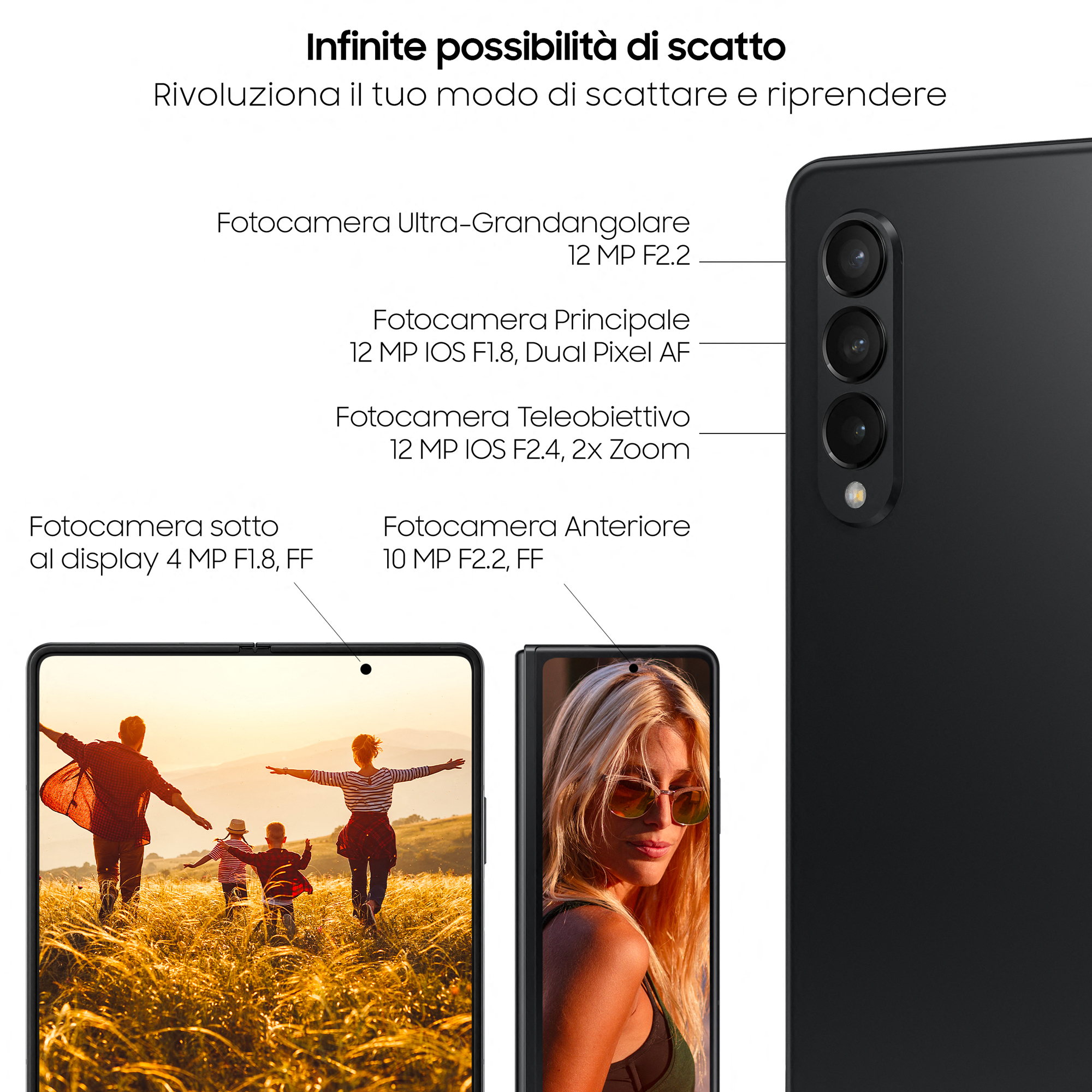 Czarny telefon z trzema aparatami z boku. Dwa mniejsze obrazy przedstawiają rodzinę i kobietę w okularach przeciwsłonecznych.