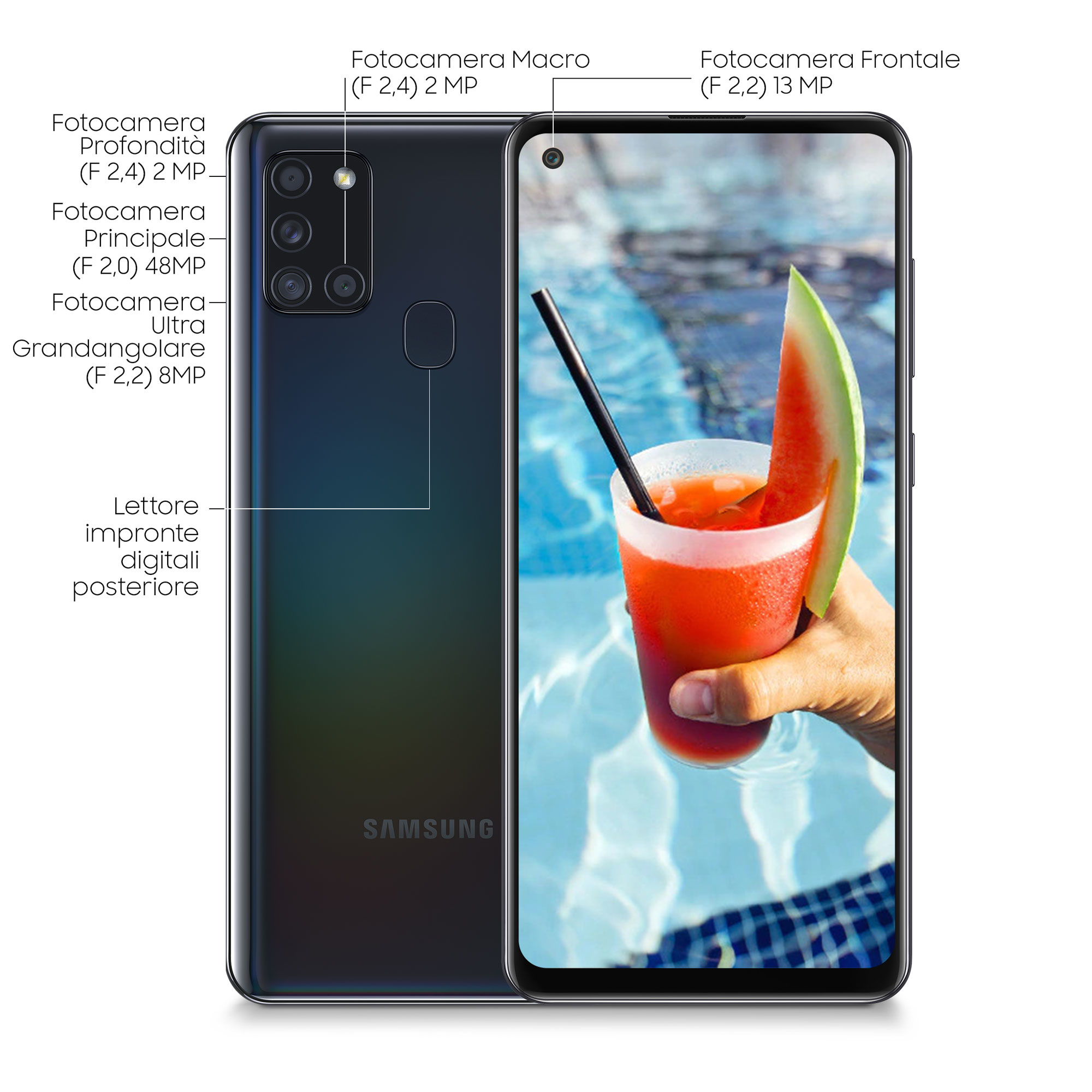 Czarny smartfon ze sceną basenową na ekranie. Szczegóły aparatu są oznaczone. Białe tło.