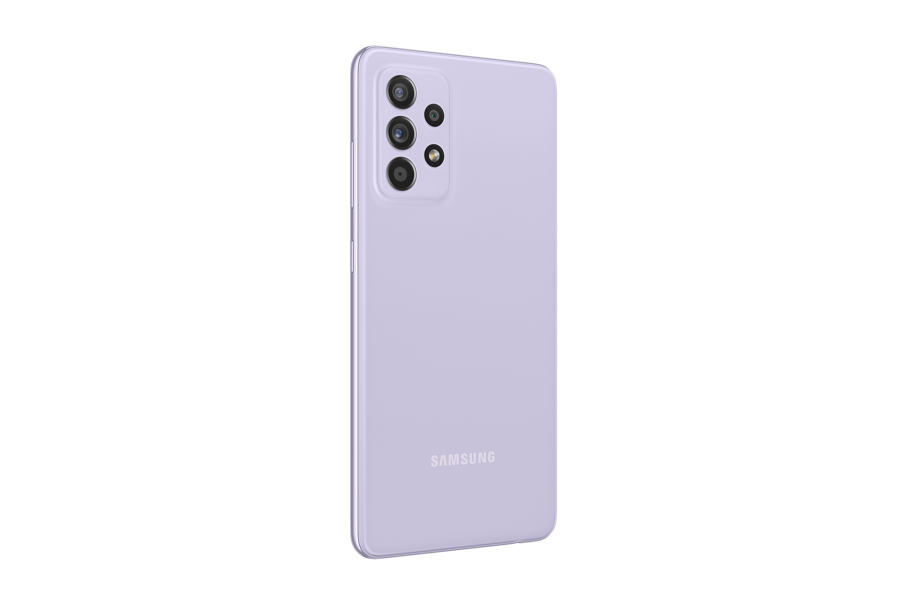 Fioletowy telefon Samsung. Widoczny jest tył telefonu, z aparatami i logo Samsung.