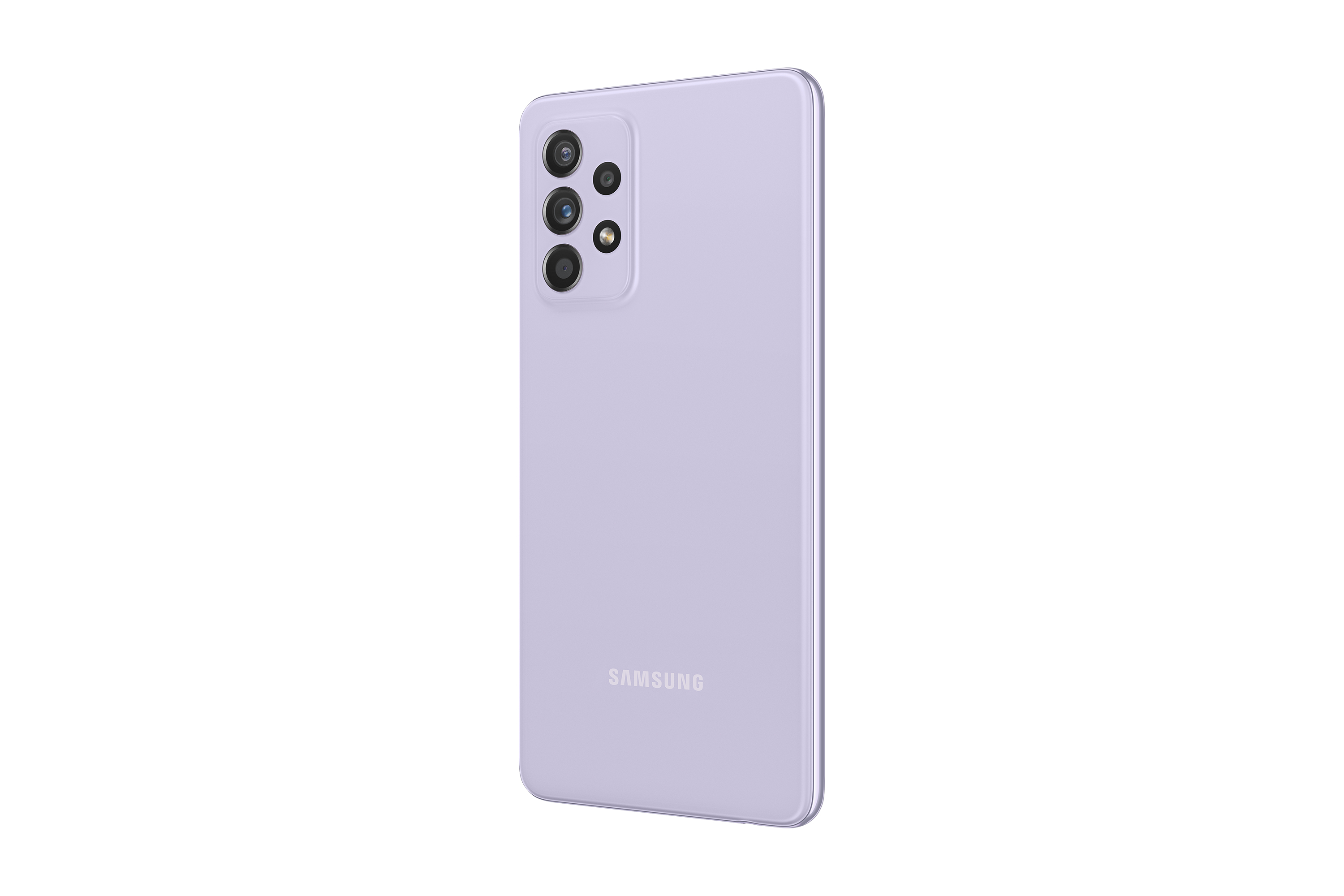 Fioletowy telefon Samsung z trzema tylnymi aparatami, czarnym zestawem aparatów i logo Samsung.