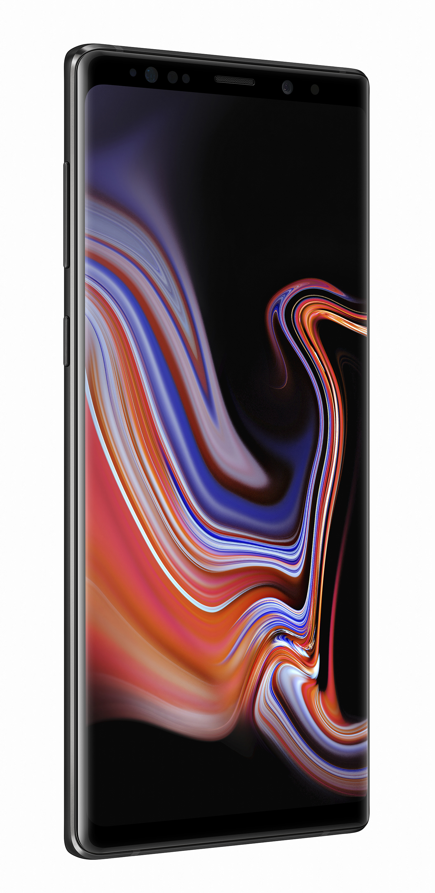 Schwarzes Smartphone mit gebogenem Bildschirm, das ein farbenfrohes, abstraktes Muster zeigt.